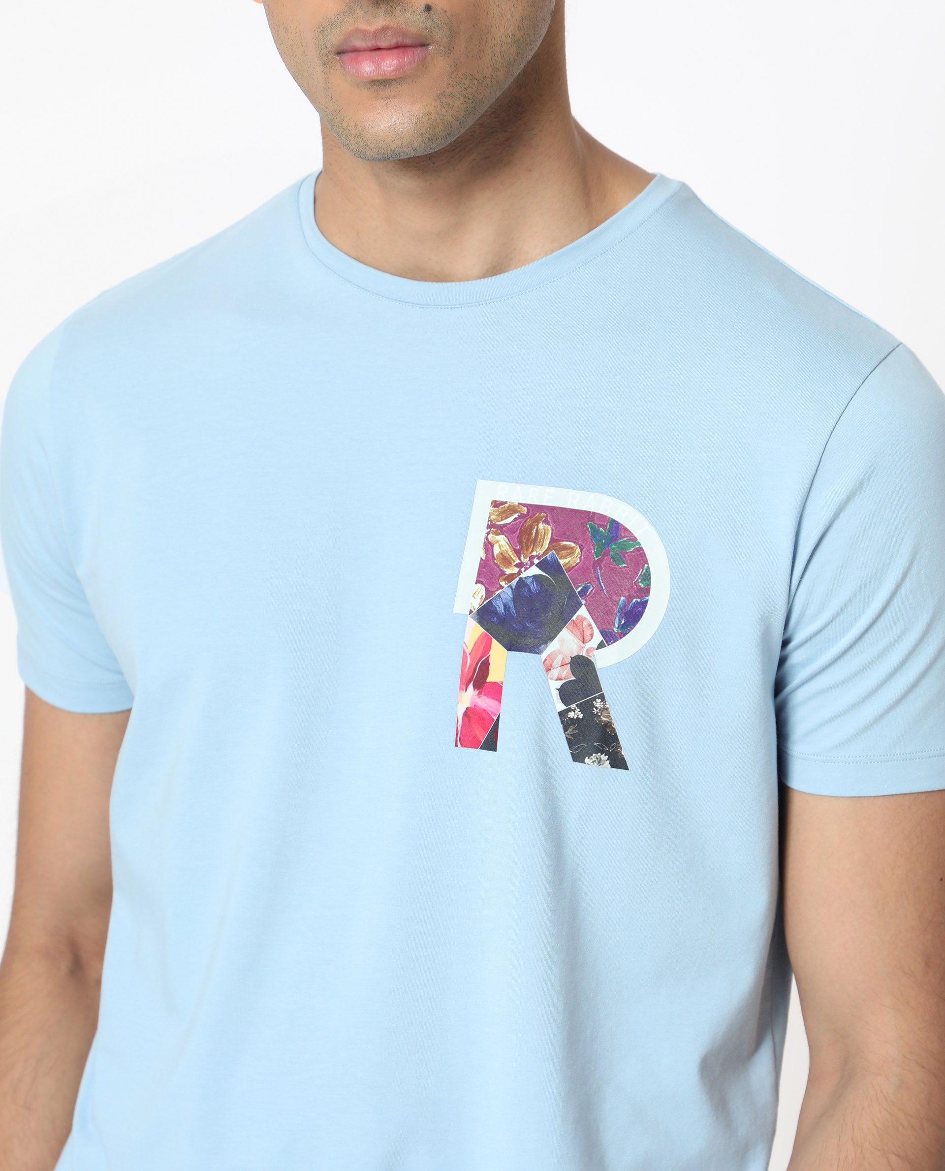 Rare Rabbit Men's Grafton Light Blue Crew Neck Floral Digital Print Branding on Chest Half Sleeves Regular Fit T-Shirt