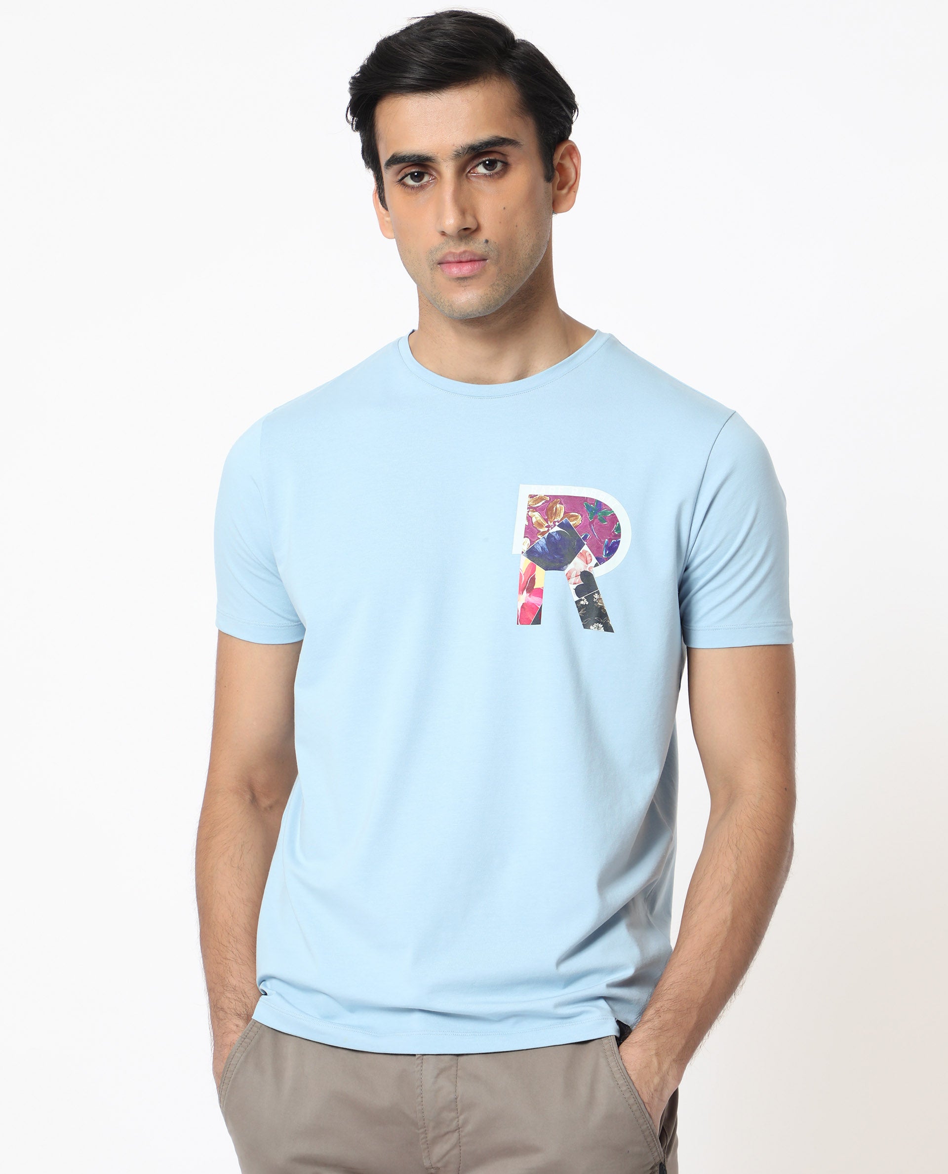 Rare Rabbit Men's Grafton Light Blue Crew Neck Floral Digital Print Branding on Chest Half Sleeves Regular Fit T-Shirt