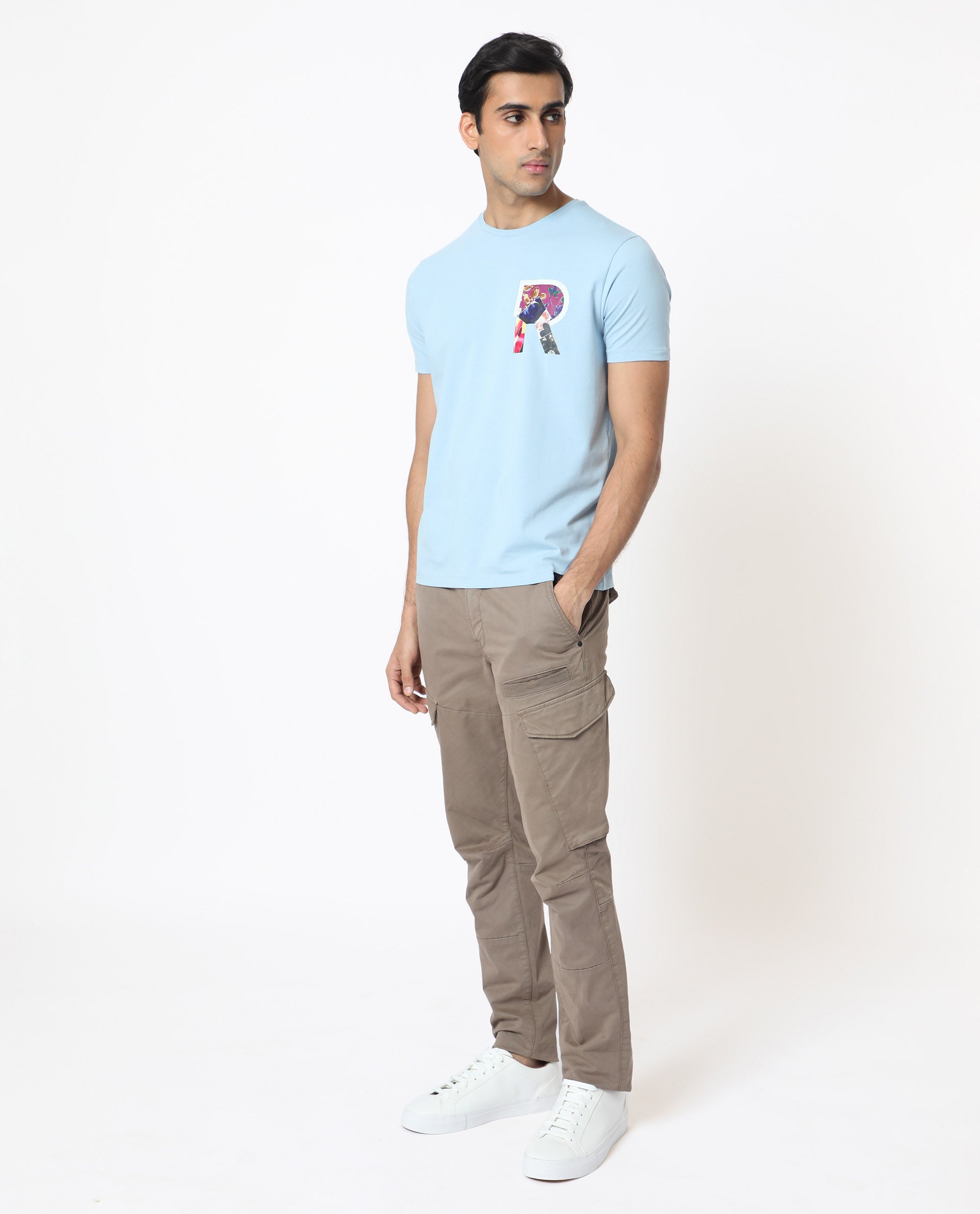 Rare Rabbit Men's Grafton Light Blue Crew Neck Floral Digital Print Branding on Chest Half Sleeves Regular Fit T-Shirt