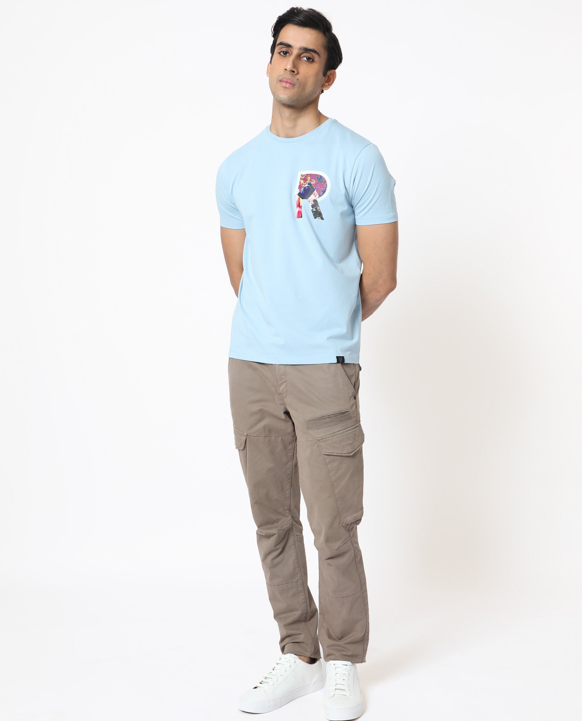 Rare Rabbit Men's Grafton Light Blue Crew Neck Floral Digital Print Branding on Chest Half Sleeves Regular Fit T-Shirt