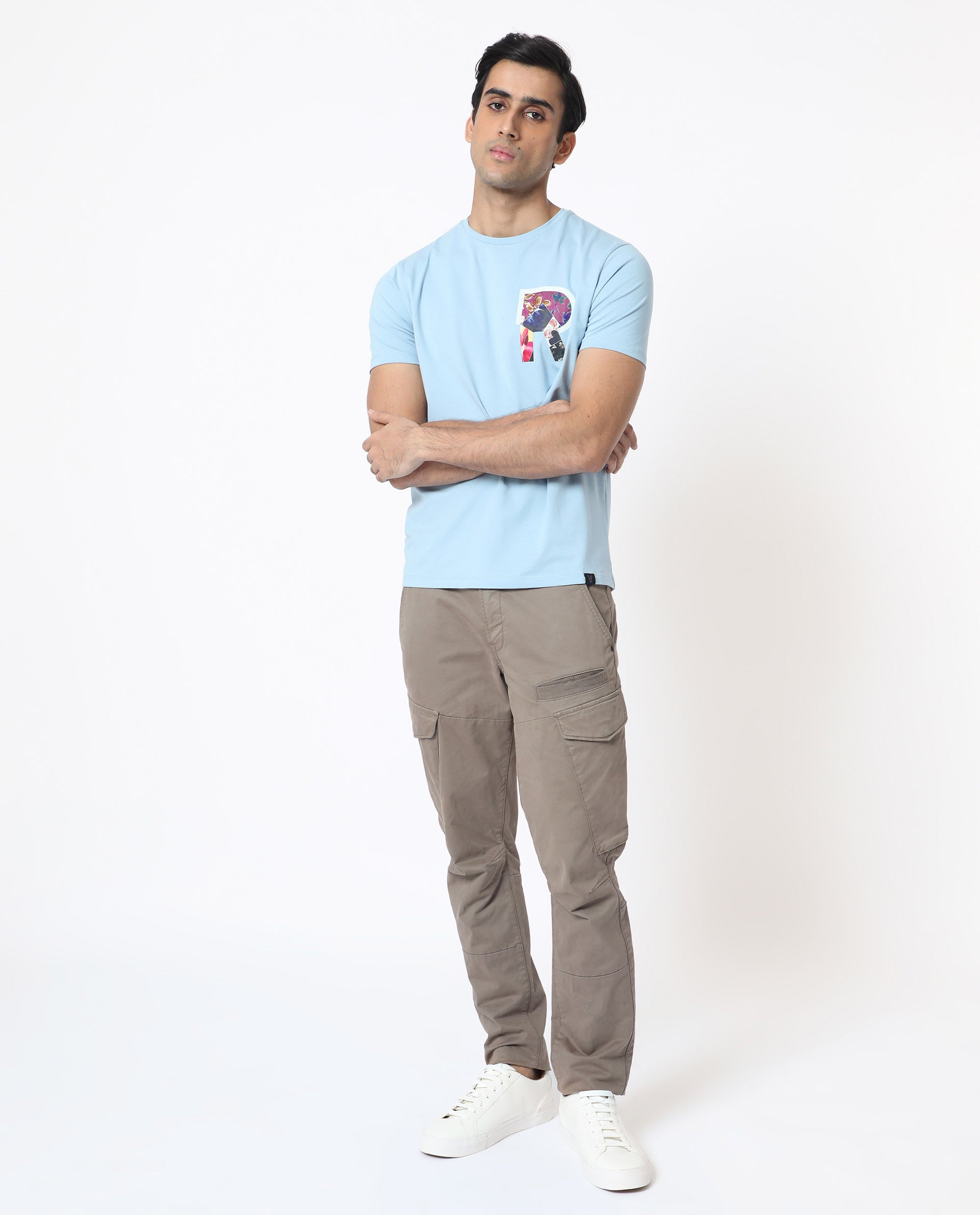 Rare Rabbit Men's Grafton Light Blue Crew Neck Floral Digital Print Branding on Chest Half Sleeves Regular Fit T-Shirt