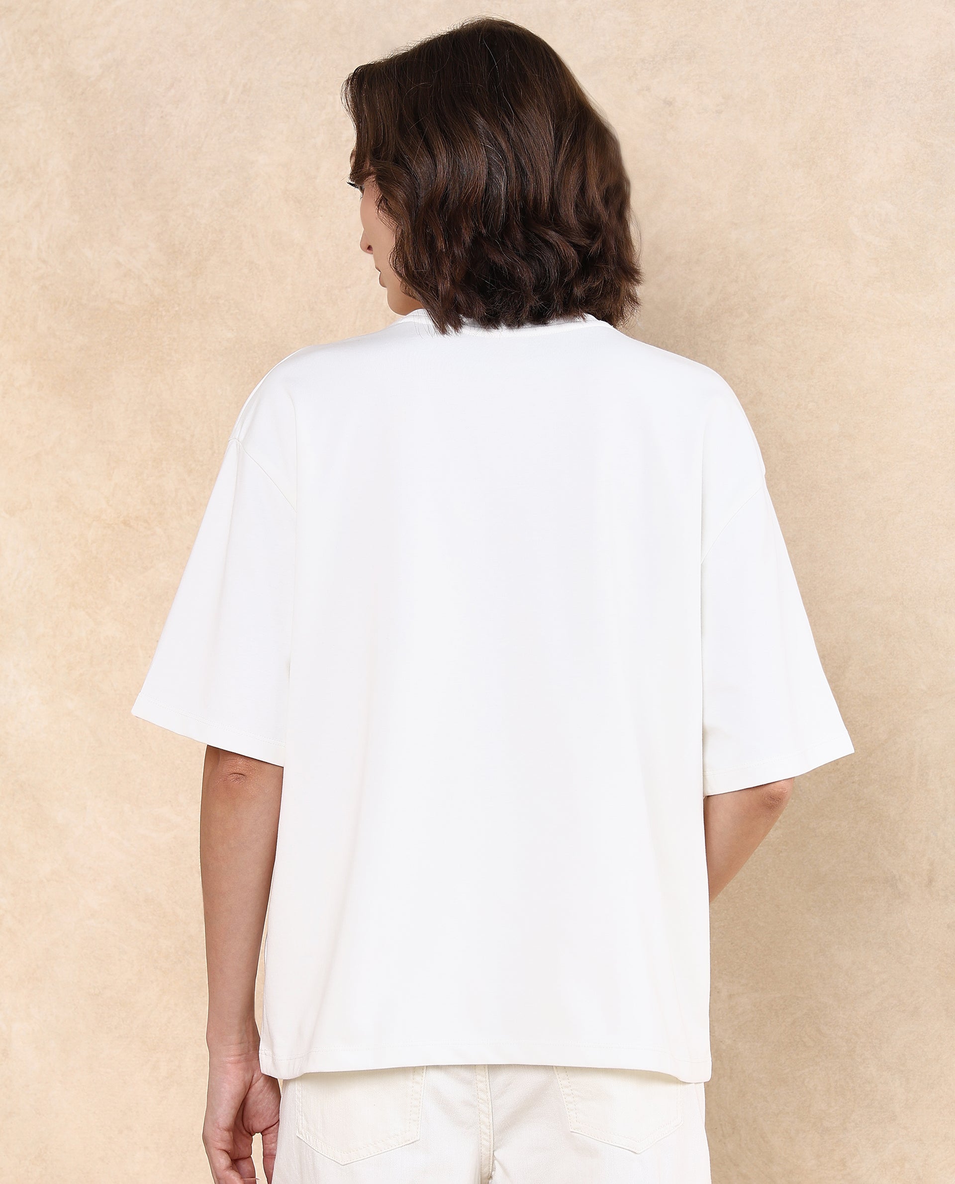 Rareism Women Grail Off White Cotton Blend Fabric Short Sleeve Crew Neck Oversized Fit Graphic Print T-Shirt