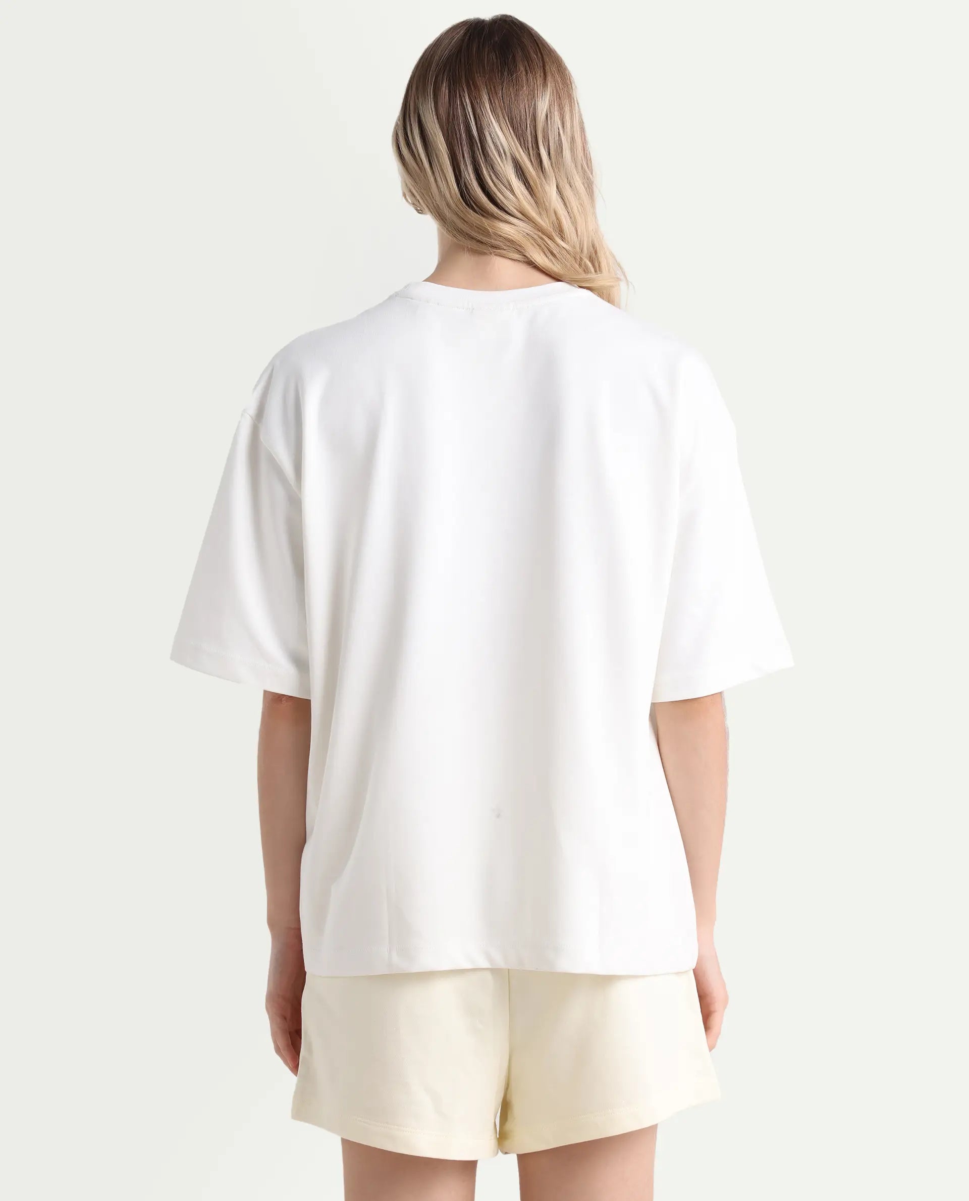 Rareism Women's Grail Off White Cotton Blend Crew Neck Graphic Print Oversized T-Shirt