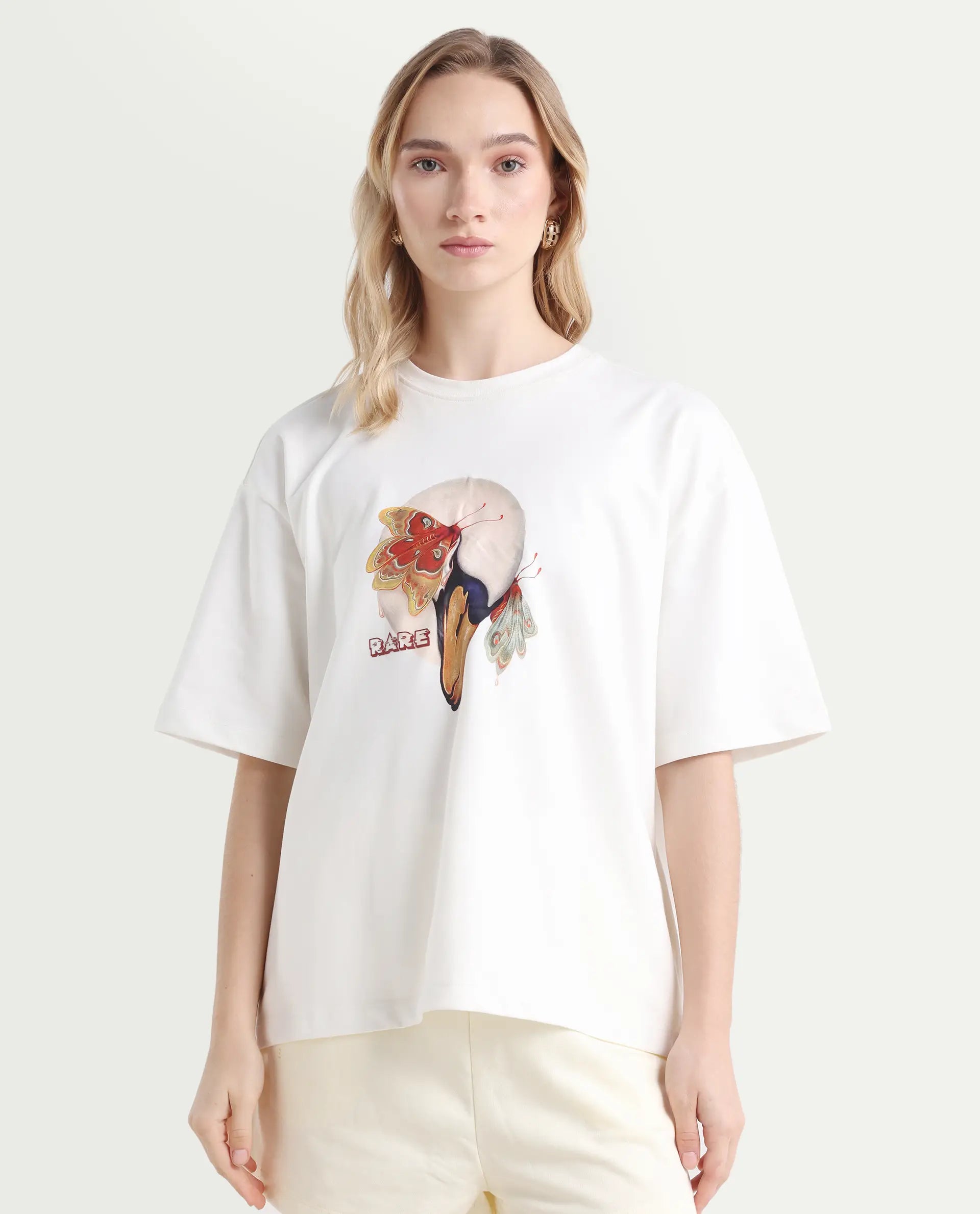 Rareism Women's Grail Off White Cotton Blend Crew Neck Graphic Print Oversized T-Shirt