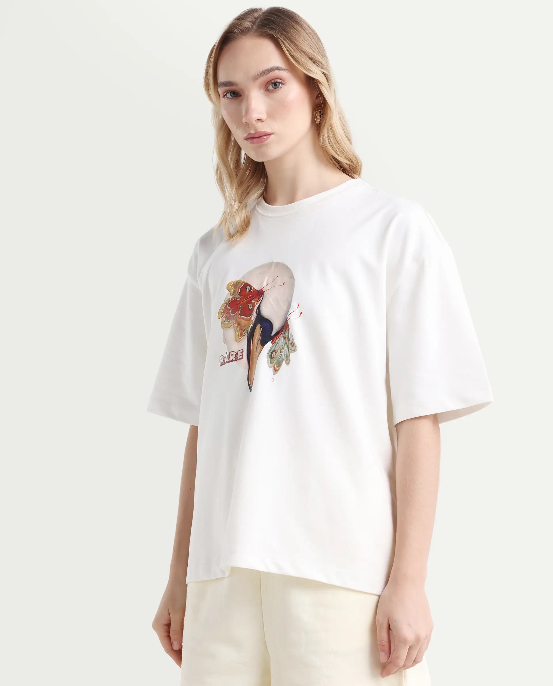 Rareism Women's Grail Off White Cotton Blend Crew Neck Graphic Print Oversized T-Shirt