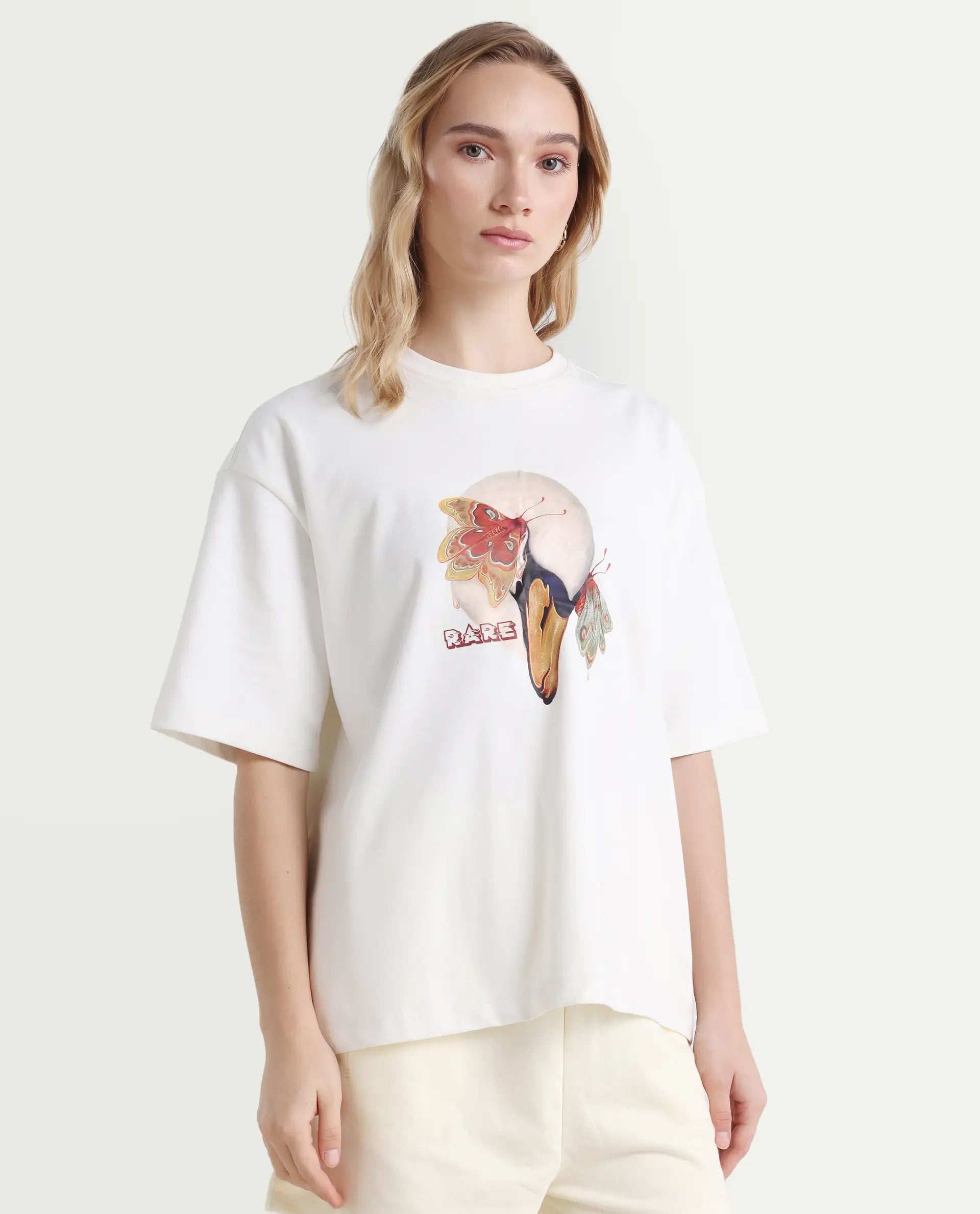 Rareism Women's Grail Off White Cotton Blend Crew Neck Graphic Print Oversized T-Shirt