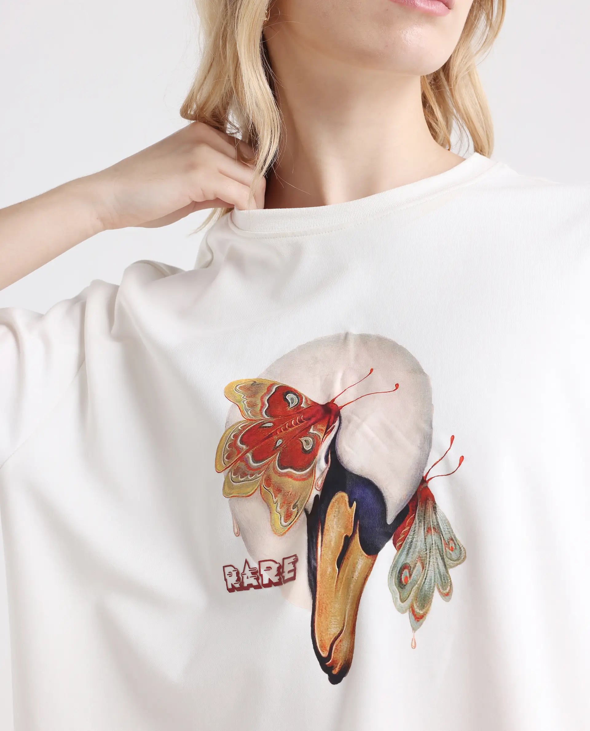 Rareism Women's Grail Off White Cotton Blend Crew Neck Graphic Print Oversized T-Shirt