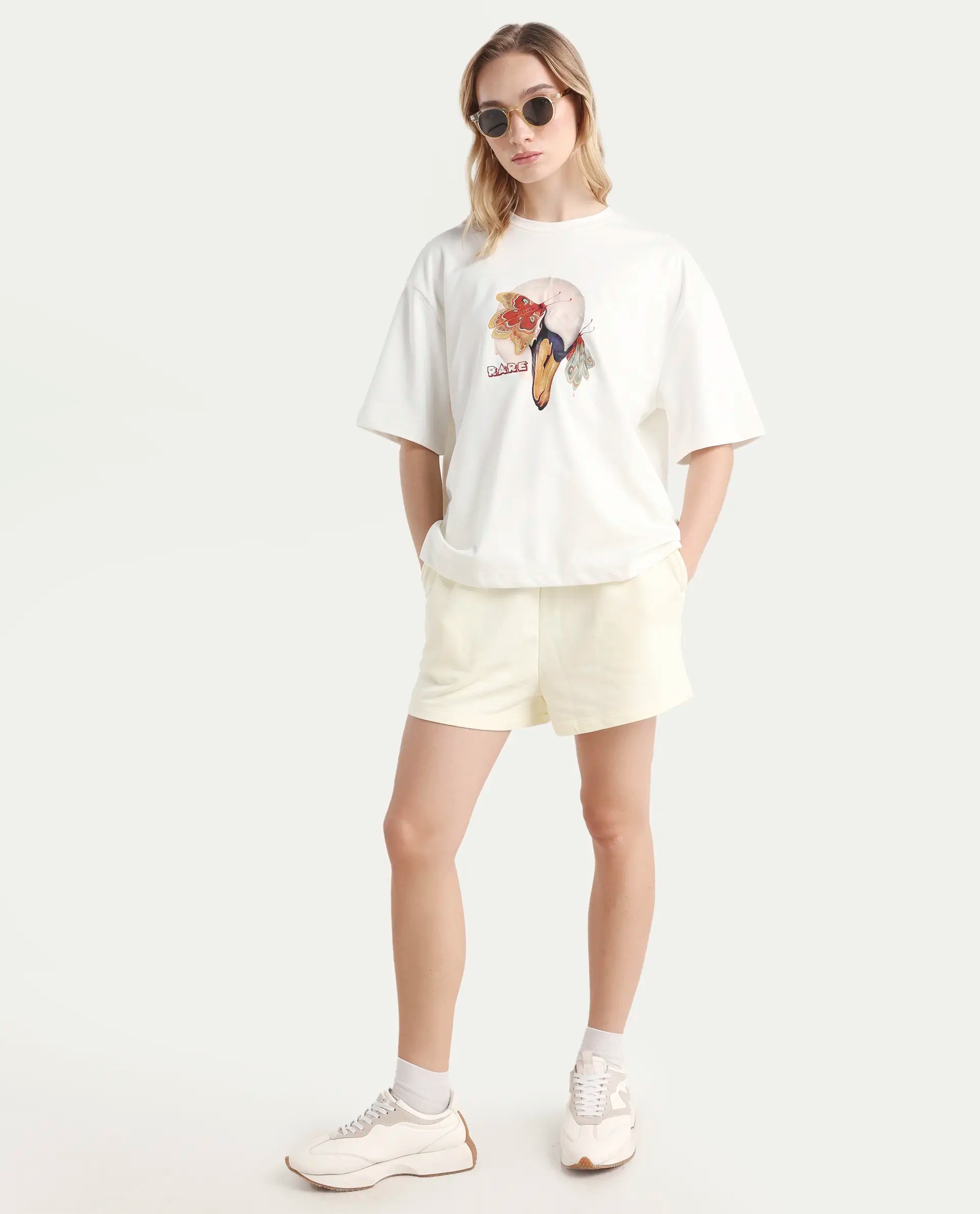 Rareism Women's Grail Off White Cotton Blend Crew Neck Graphic Print Oversized T-Shirt