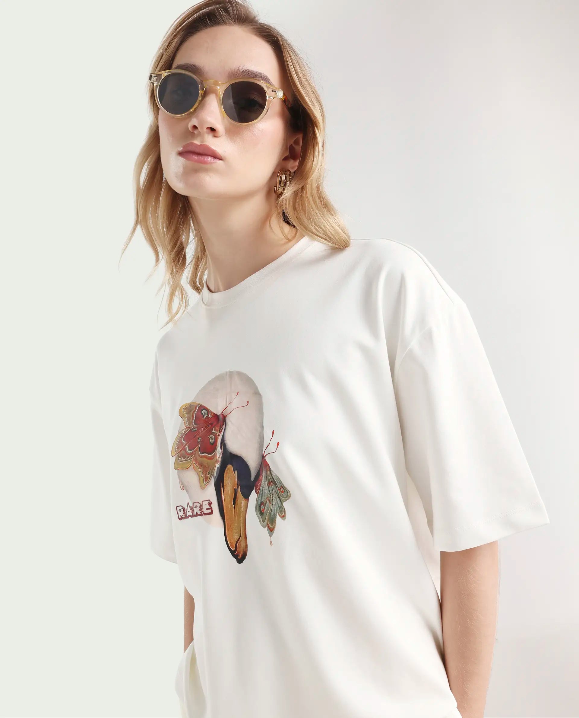 Rareism Women's Grail Off White Cotton Blend Crew Neck Graphic Print Oversized T-Shirt