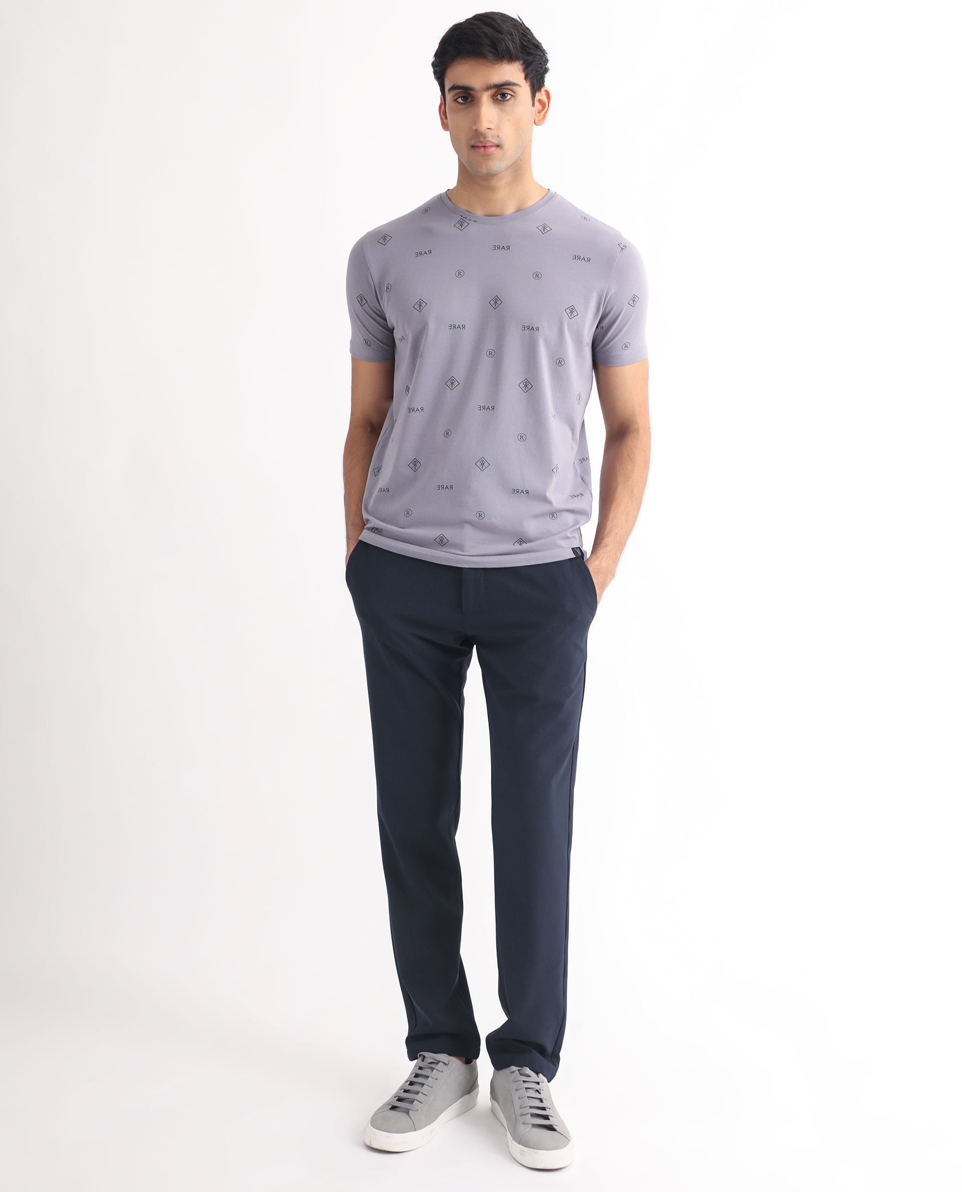 Rare Rabbit Men's Grammy Grey Crew Neck Half Sleeves Regular Fit Monogram Print T-Shirt