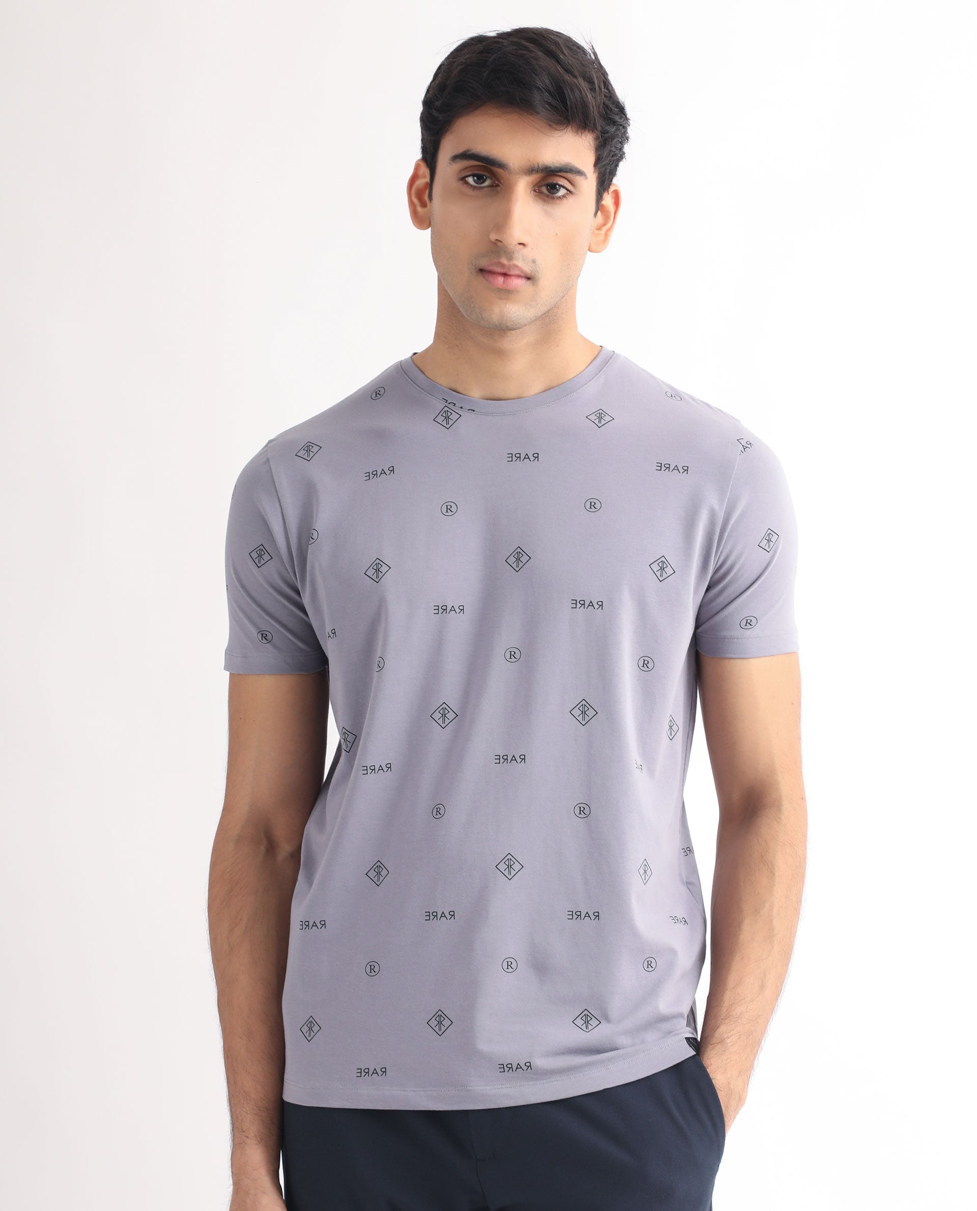 Rare Rabbit Men's Grammy Grey Crew Neck Half Sleeves Regular Fit Monogram Print T-Shirt