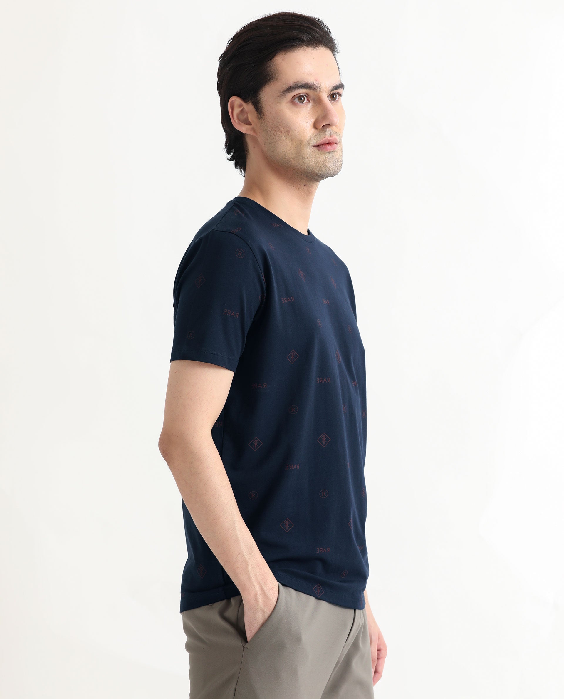 Rare Rabbit Men's Grammy Navy Crew Neck Half Sleeves Regular Fit Monogram Print T-Shirt