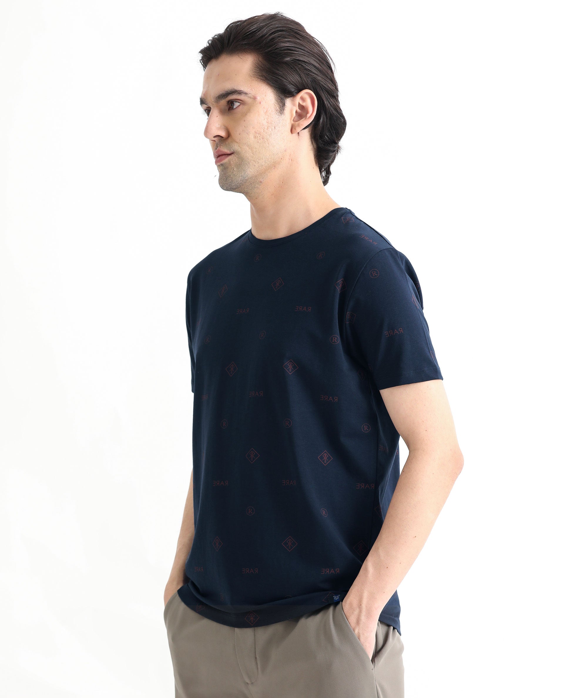 Rare Rabbit Men's Grammy Navy Crew Neck Half Sleeves Regular Fit Monogram Print T-Shirt