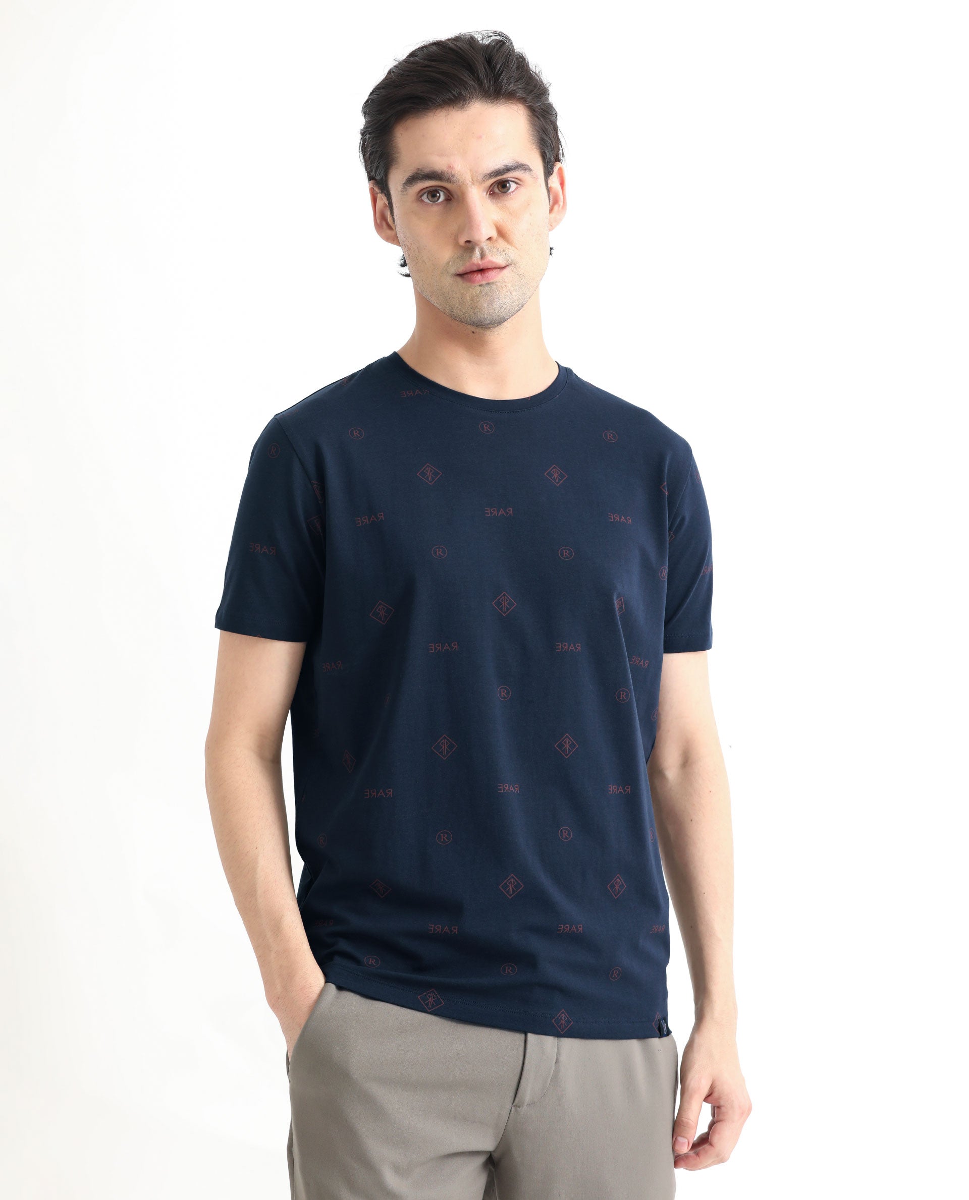 Rare Rabbit Men's Grammy Navy Crew Neck Half Sleeves Regular Fit Monogram Print T-Shirt