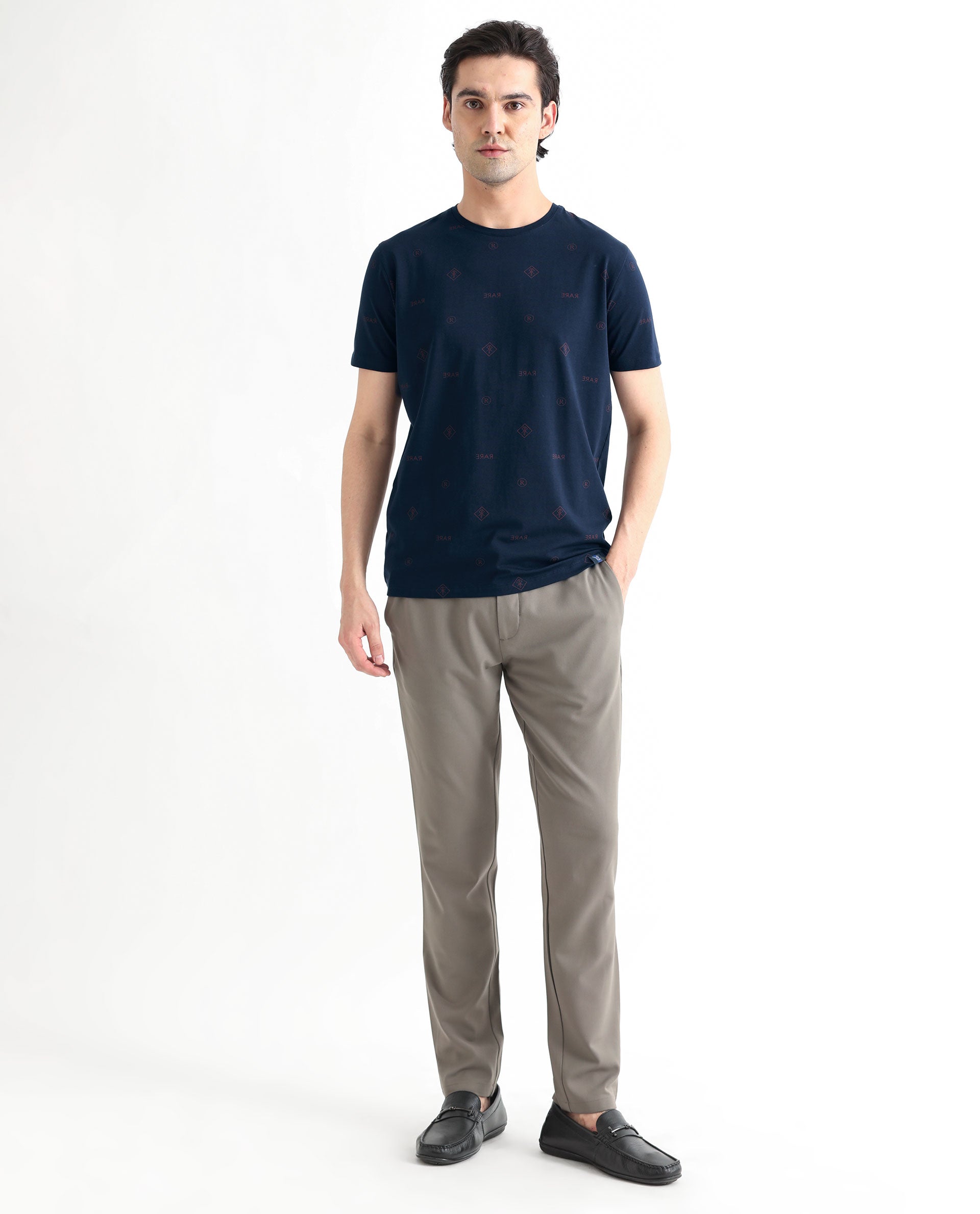 Rare Rabbit Men's Grammy Navy Crew Neck Half Sleeves Regular Fit Monogram Print T-Shirt