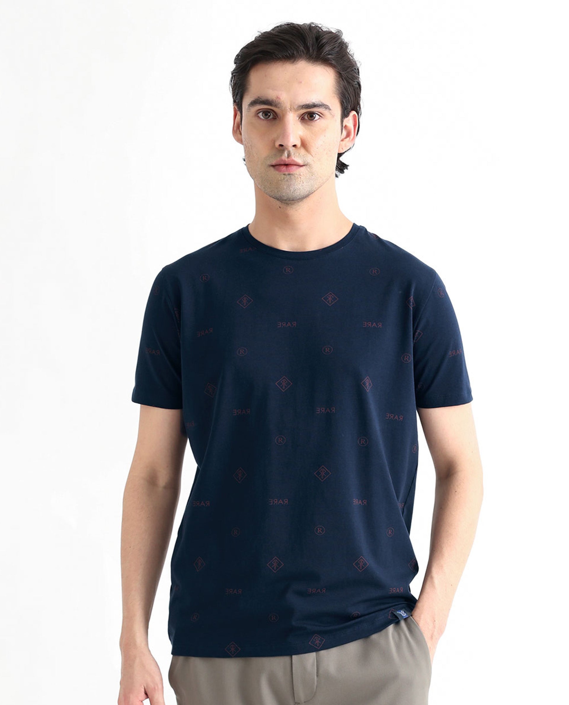 Rare Rabbit Men's Grammy Navy Crew Neck Half Sleeves Regular Fit Monogram Print T-Shirt