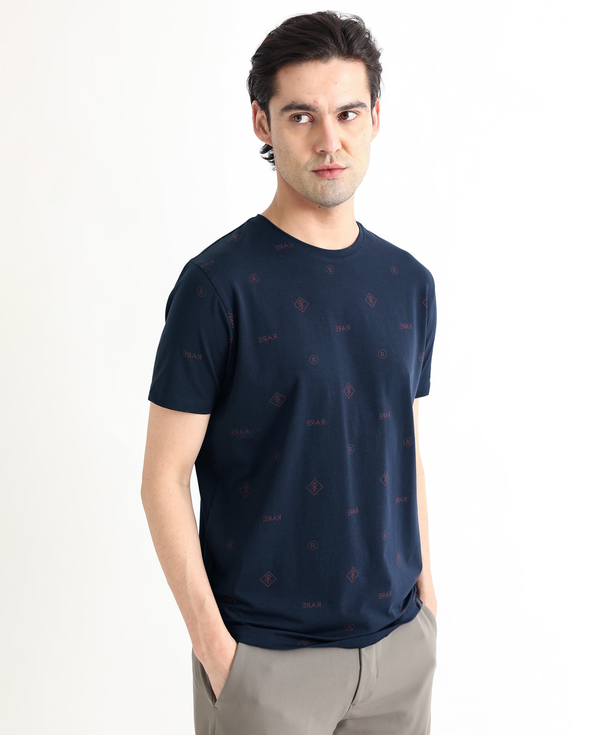 Rare Rabbit Men's Grammy Navy Crew Neck Half Sleeves Regular Fit Monogram Print T-Shirt