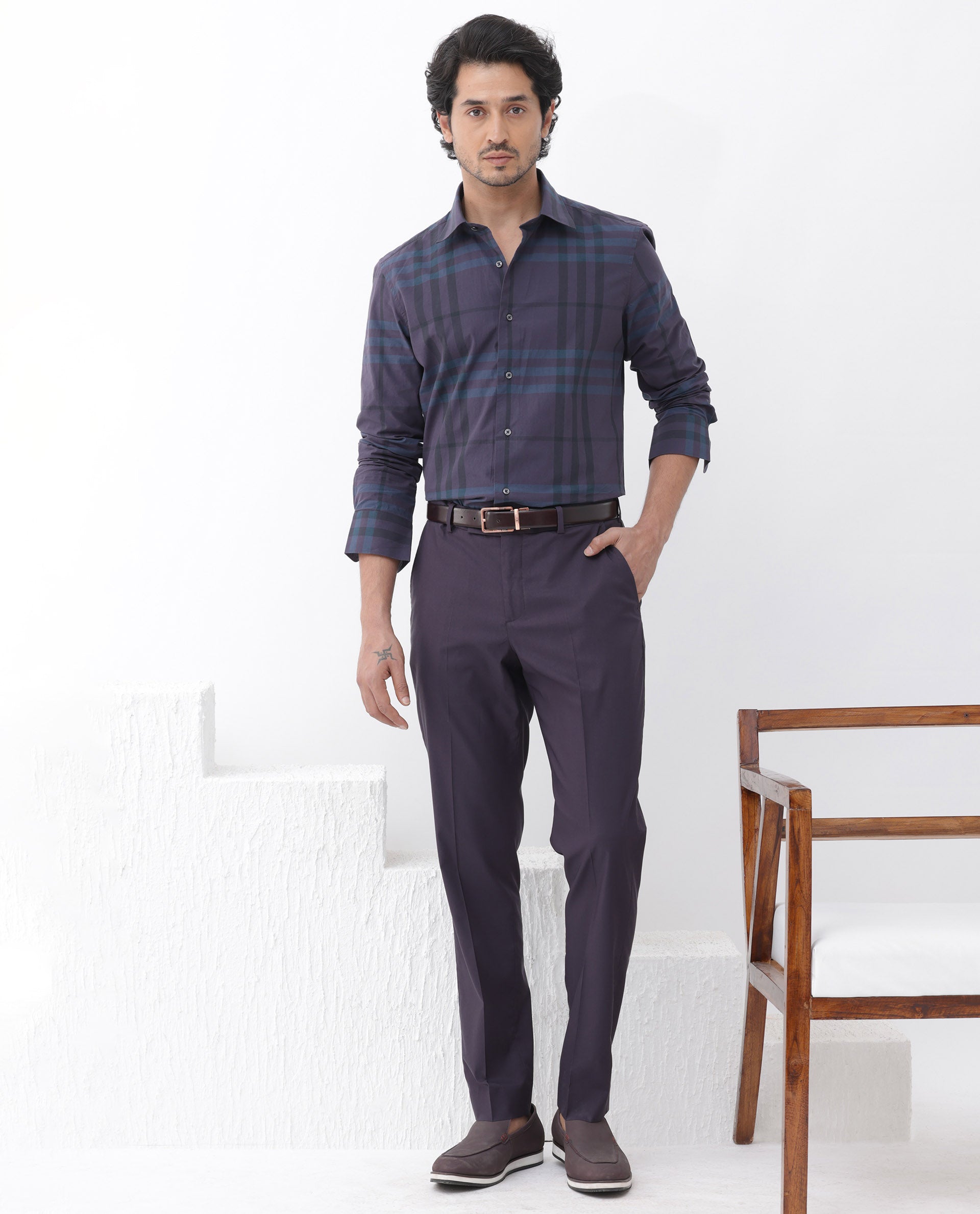 Rare Rabbit Mens Gramy Navy Full Sleeve Cotton Checks Shirt