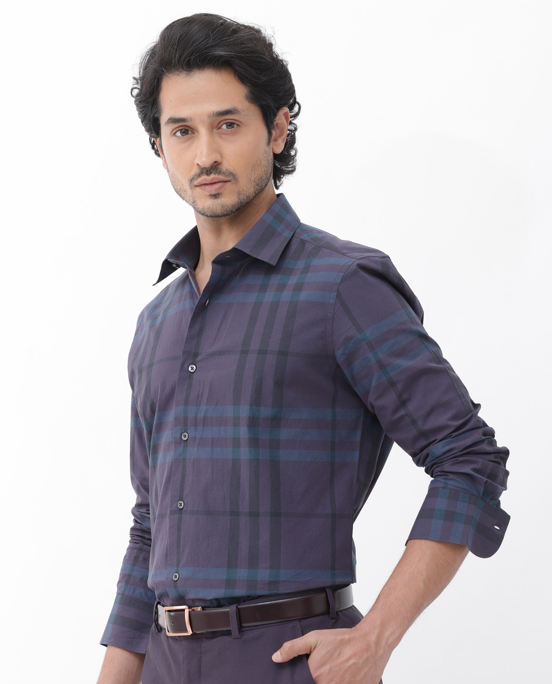 Rare Rabbit Mens Gramy Navy Full Sleeve Cotton Checks Shirt