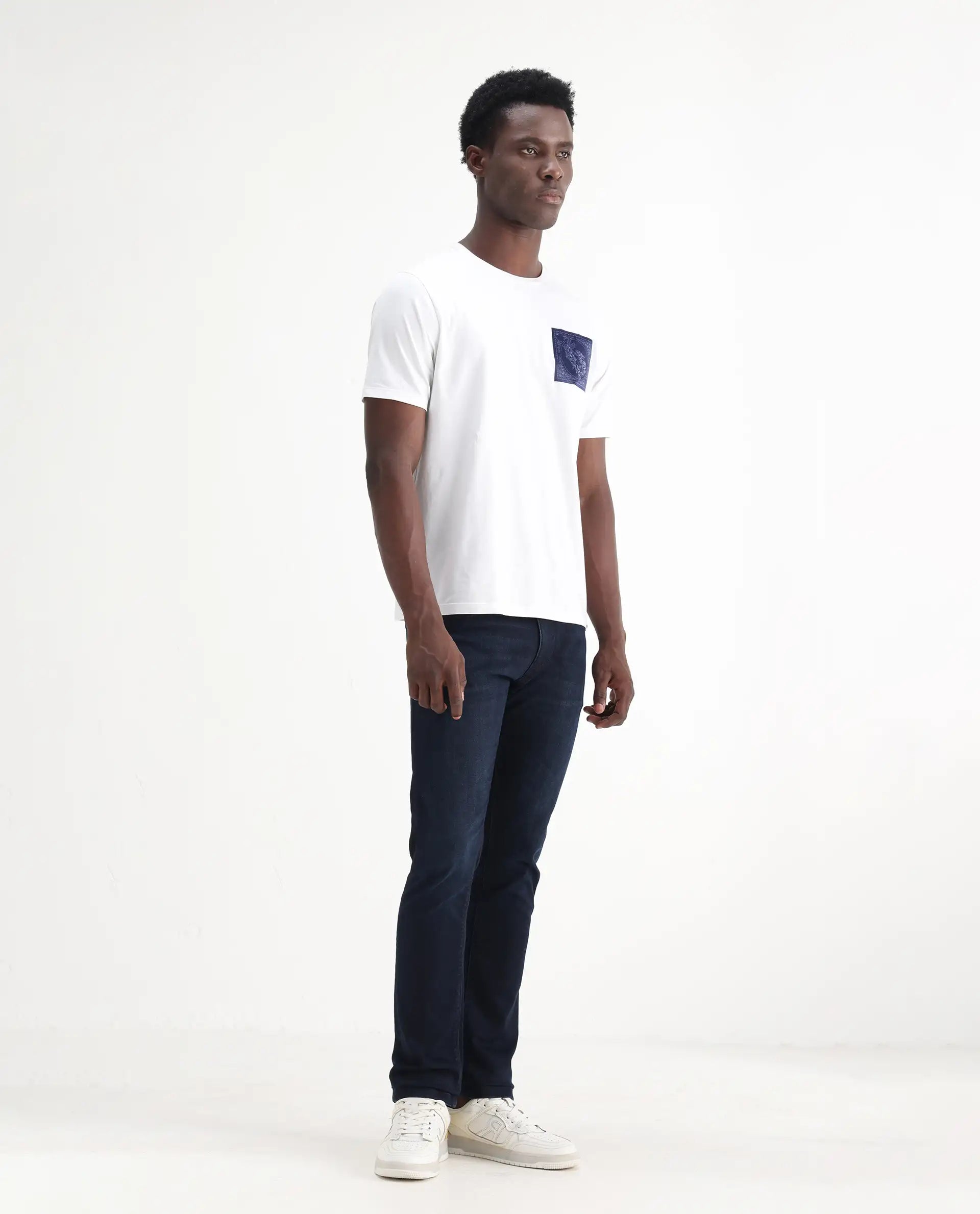 Rare Rabbit Men's Grana Blue Cotton Plain Hawk Slim Fit Jeans