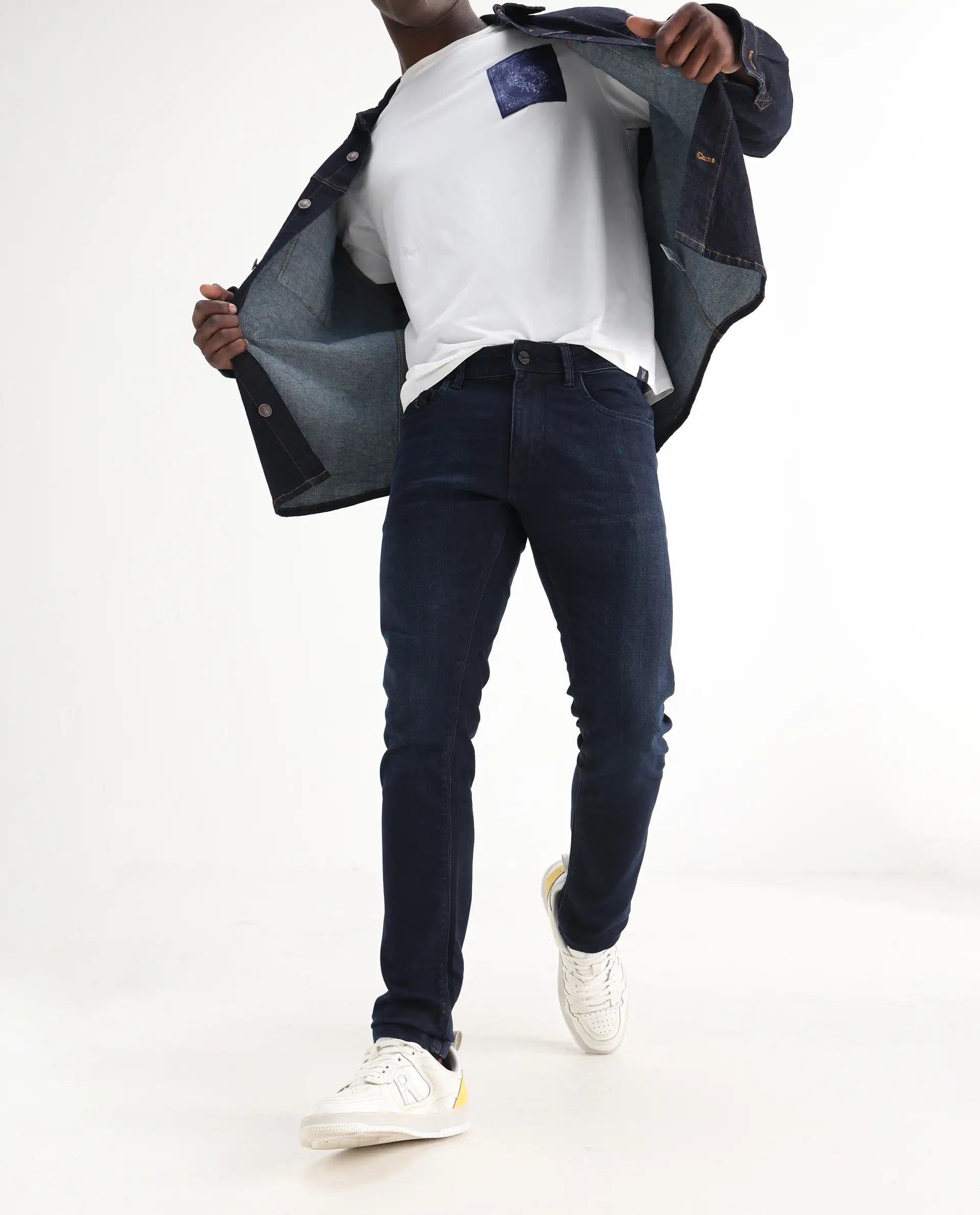 Rare Rabbit Men's Grana Blue Cotton Plain Hawk Slim Fit Jeans