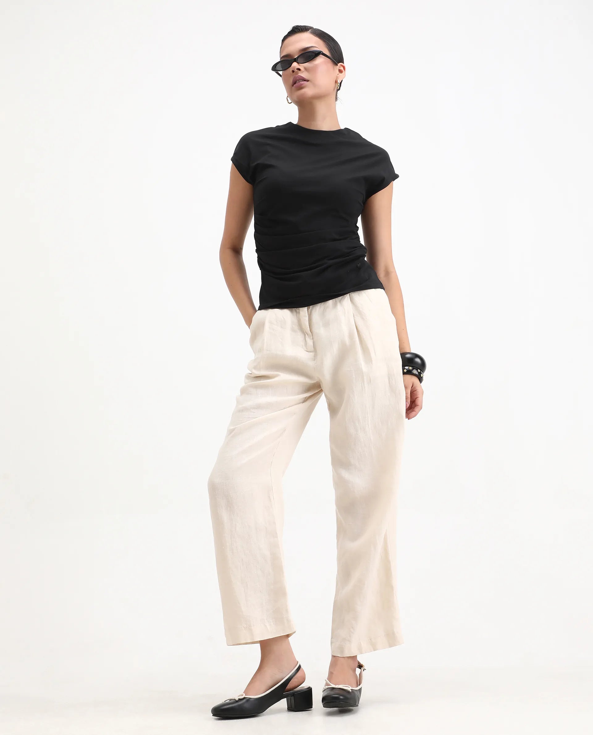 Rareism Women's Granden Black Cotton Crew Neck Plain Extended Sleeves Regular Fit Top