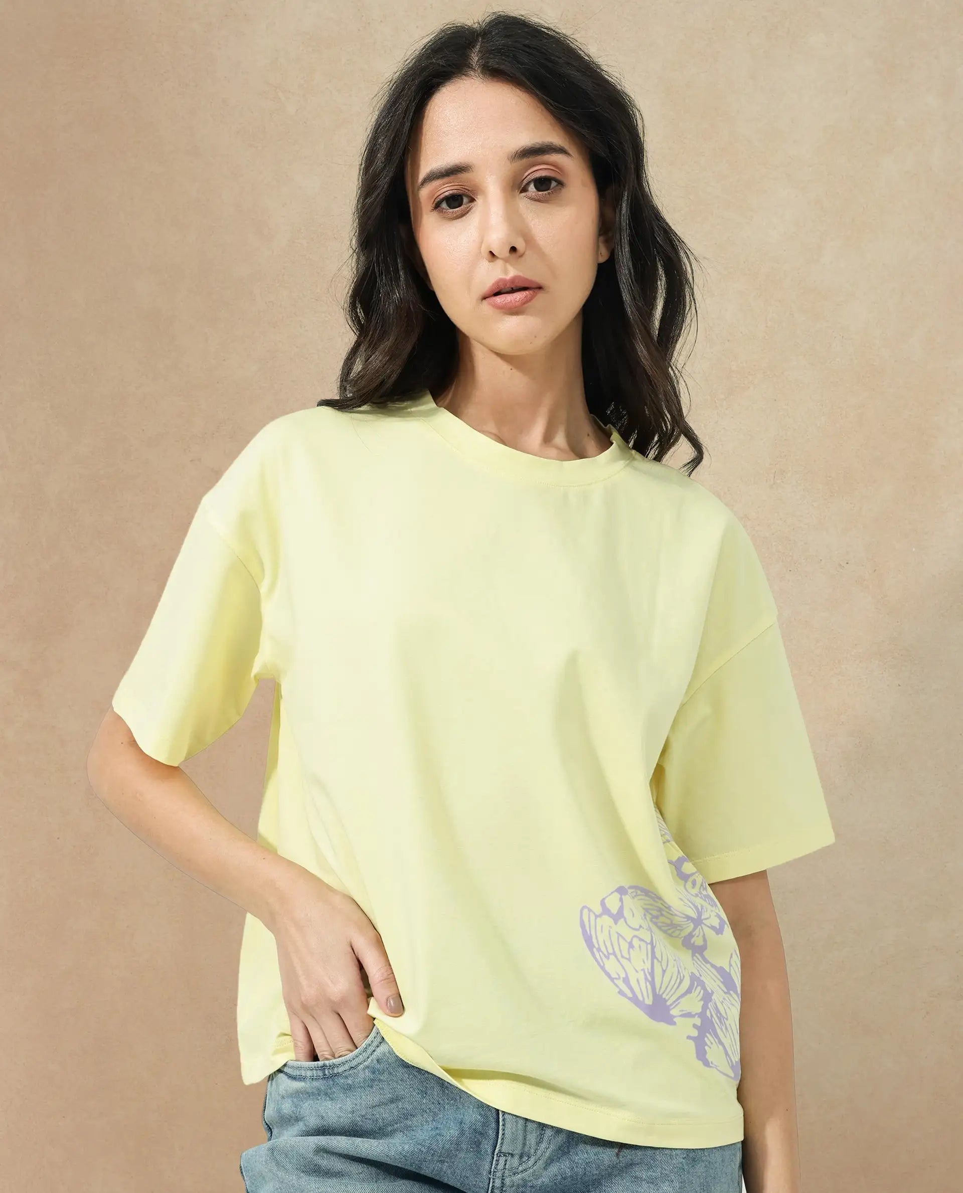 Rareism Women Grando Yellow Cotton Elastane Fabric Crew Neck Knit Solid T-Shirt