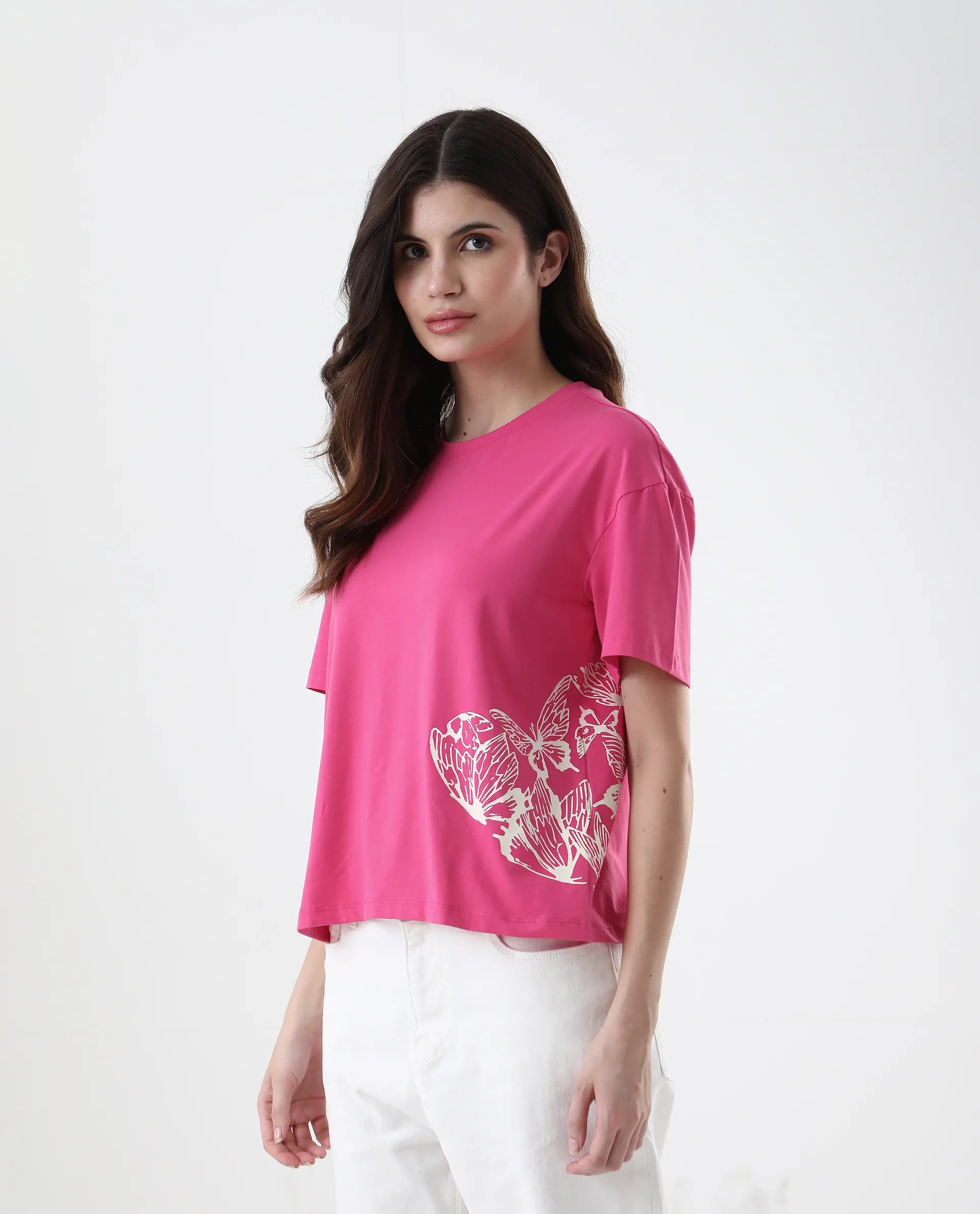 Rareism Women's Grando Flouroscent Pink Cotton Blend Crew Neck Graphic Print Boxy Fit T-Shirt