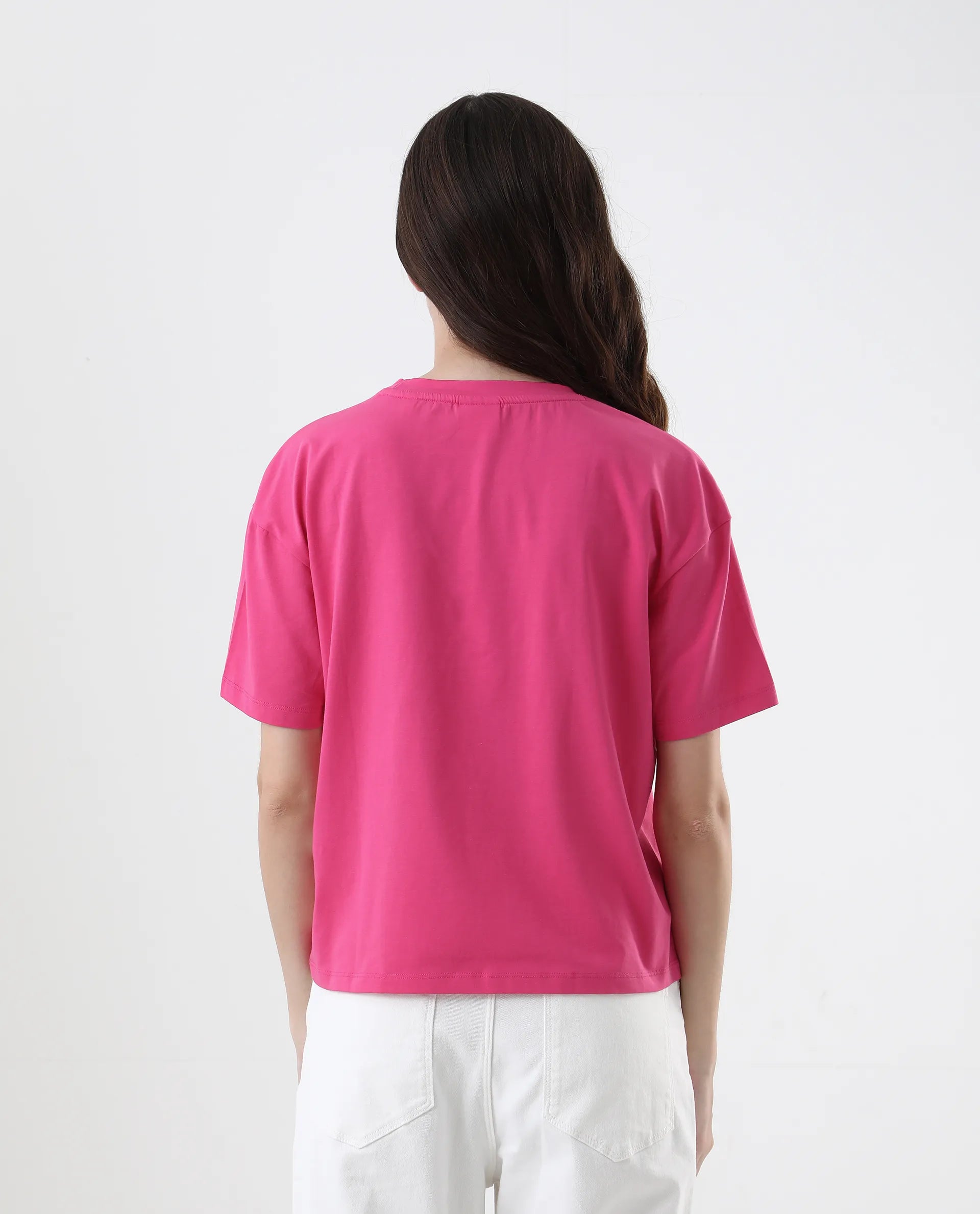 Rareism Women's Grando Flouroscent Pink Cotton Blend Crew Neck Graphic Print Boxy Fit T-Shirt