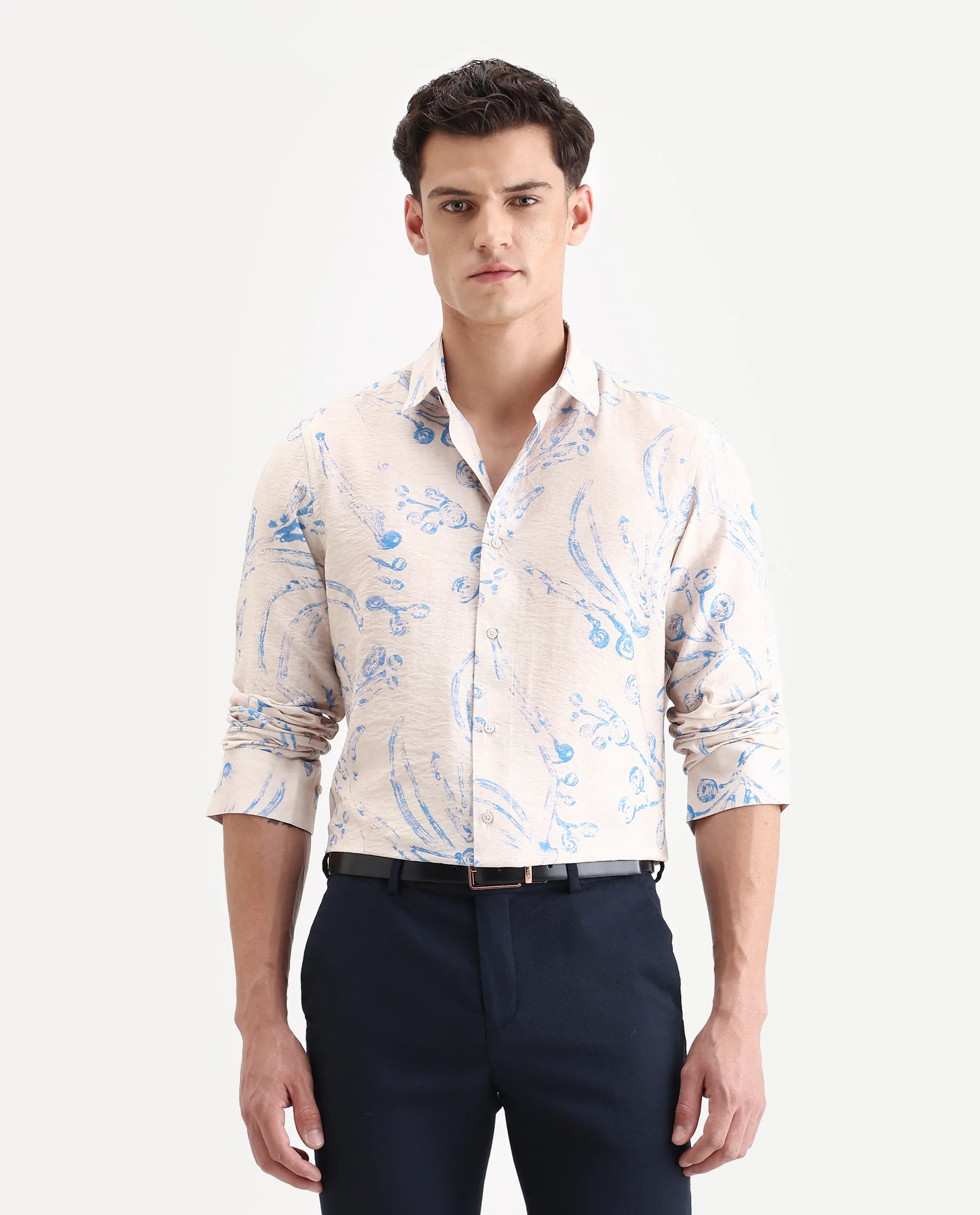 Rare Rabbit Men's Grat Light Beige Viscose Blend Fabric Collared Neck Regular Abstract Print Shirt