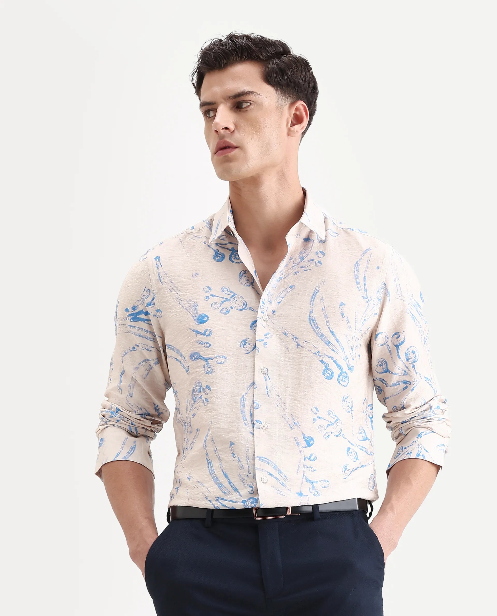 Rare Rabbit Men's Grat Light Beige Viscose Blend Fabric Collared Neck Regular Abstract Print Shirt