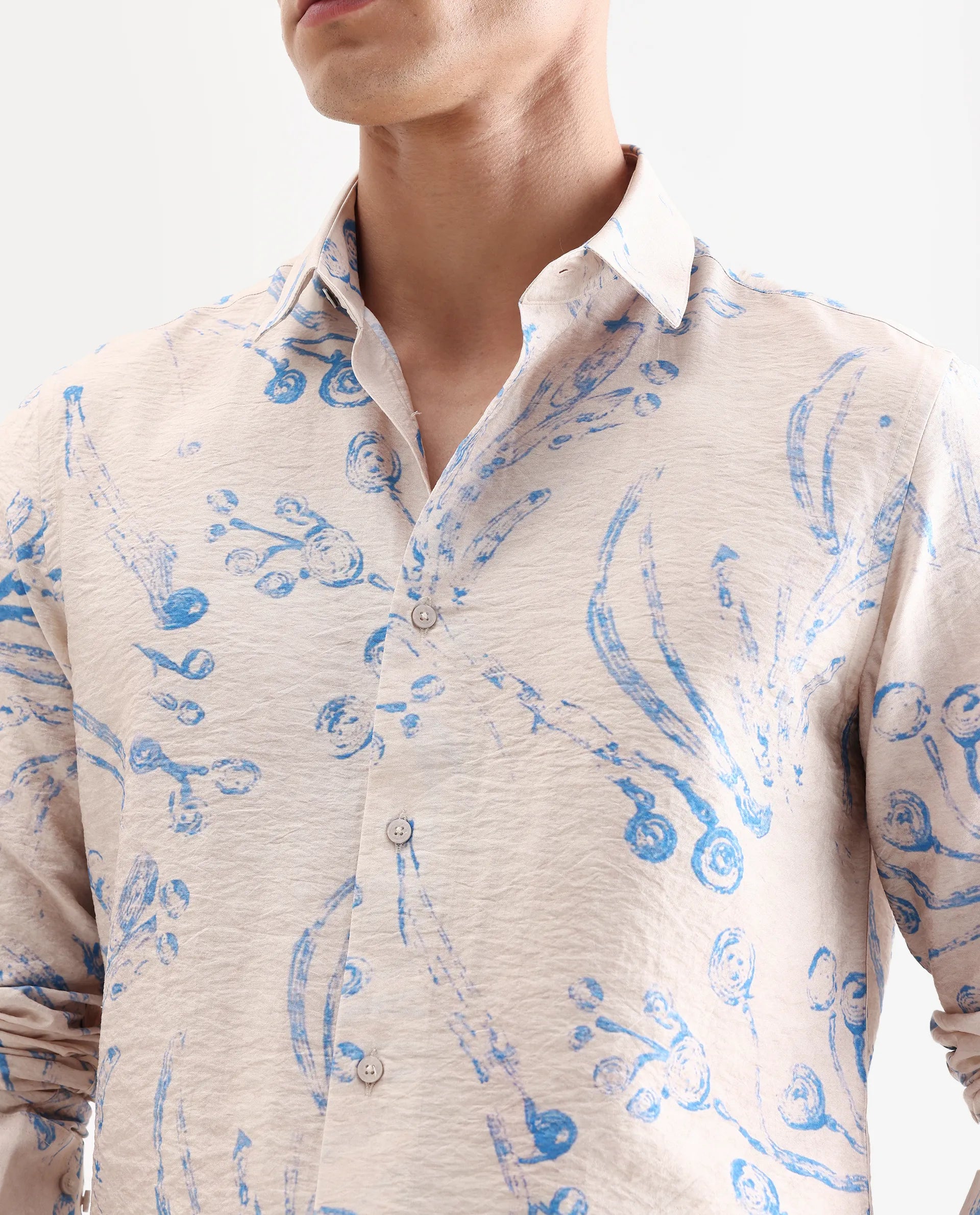 Rare Rabbit Men's Grat Light Beige Viscose Blend Fabric Collared Neck Regular Abstract Print Shirt
