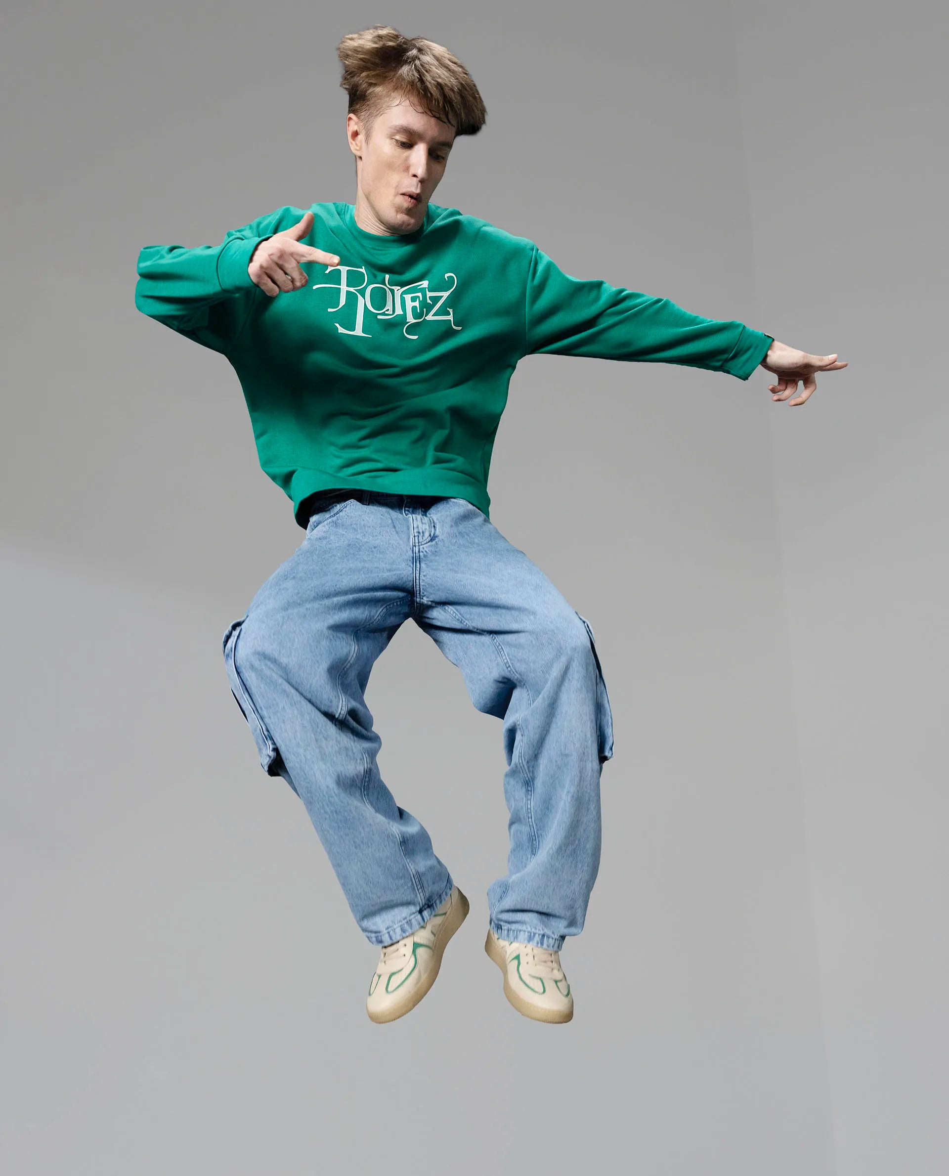 Rare Rabbit Men's Bott Green Cotton Blend Fabric Full Sleeve Crew Neck Boxy Fit Printed Sweatshirt