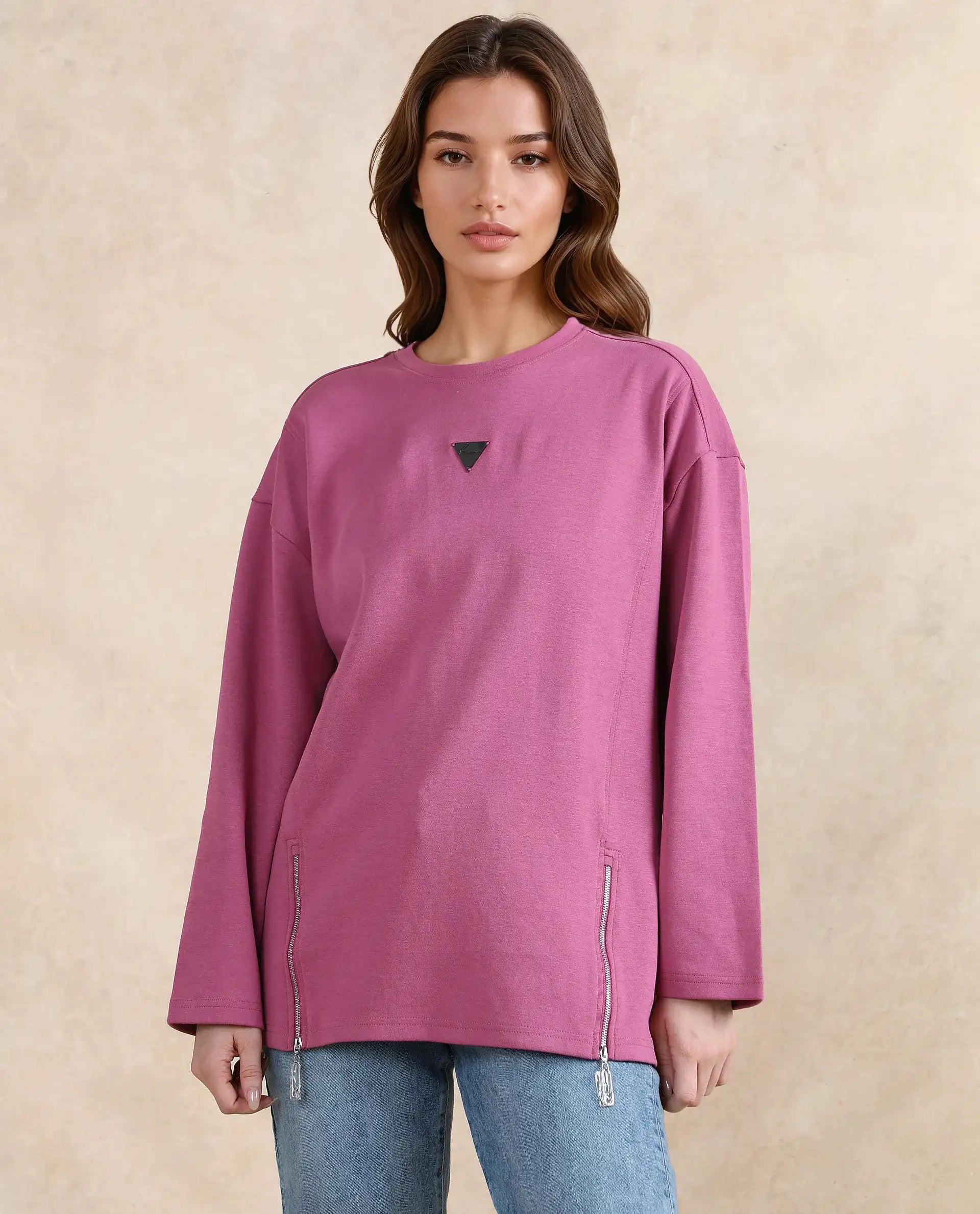 Rareism Women Gravity Pink Cotton Blend Fabric Full Sleeve Crew Neck Zipper Closure Relaxed Fit Hip Length Plain Sweatshirt
