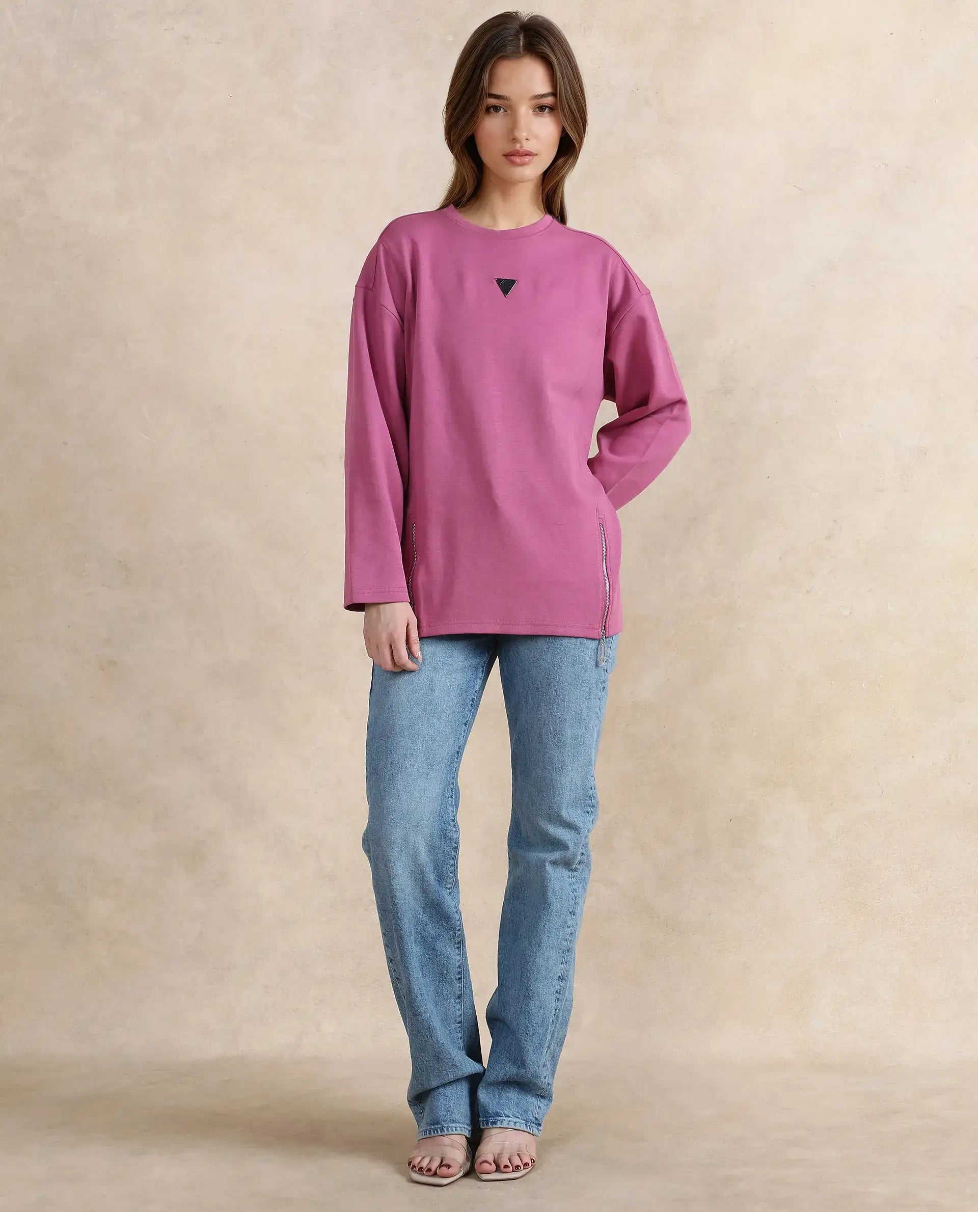 Rareism Women Gravity Pink Cotton Blend Fabric Full Sleeve Crew Neck Zipper Closure Relaxed Fit Hip Length Plain Sweatshirt