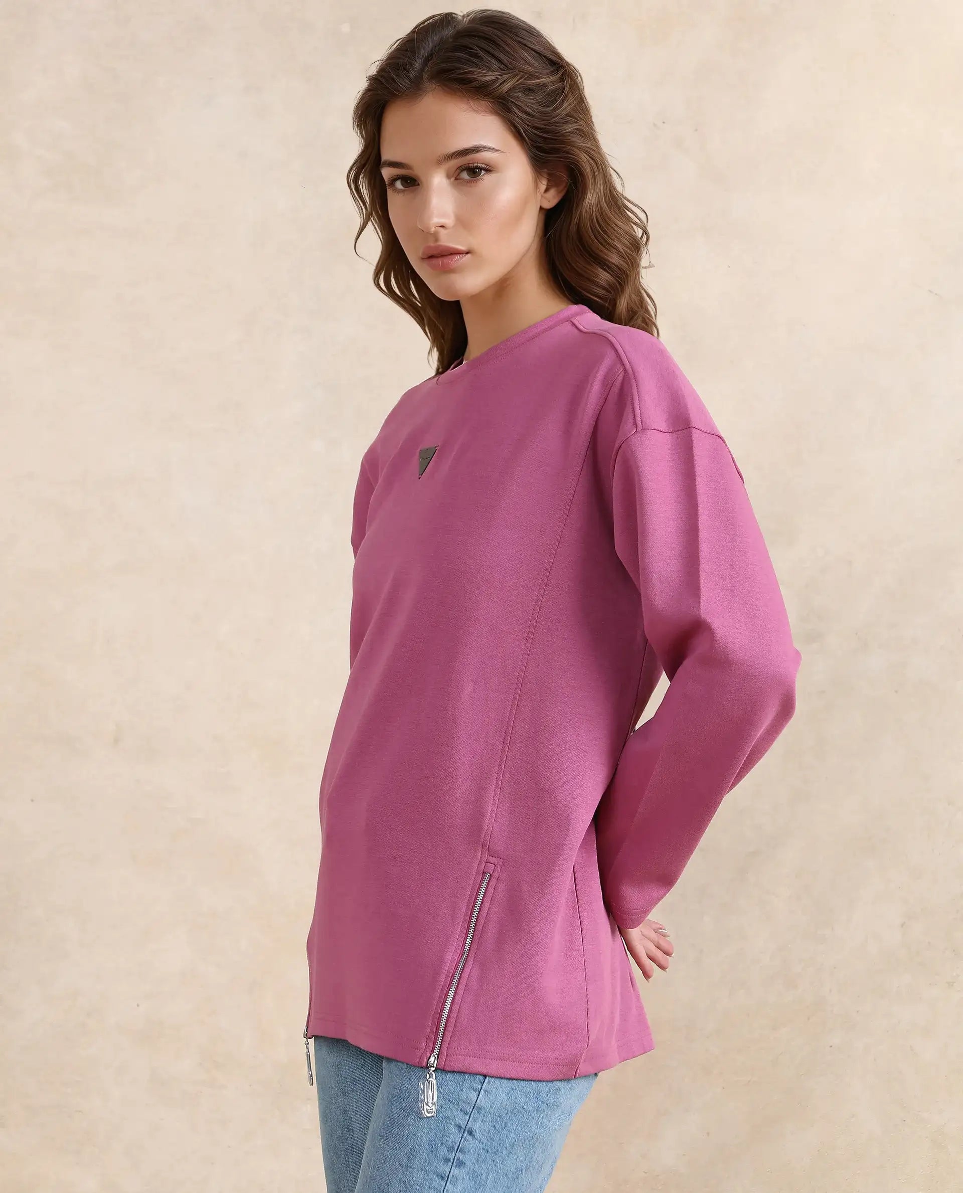 Rareism Women Gravity Pink Cotton Blend Fabric Full Sleeve Crew Neck Zipper Closure Relaxed Fit Hip Length Plain Sweatshirt