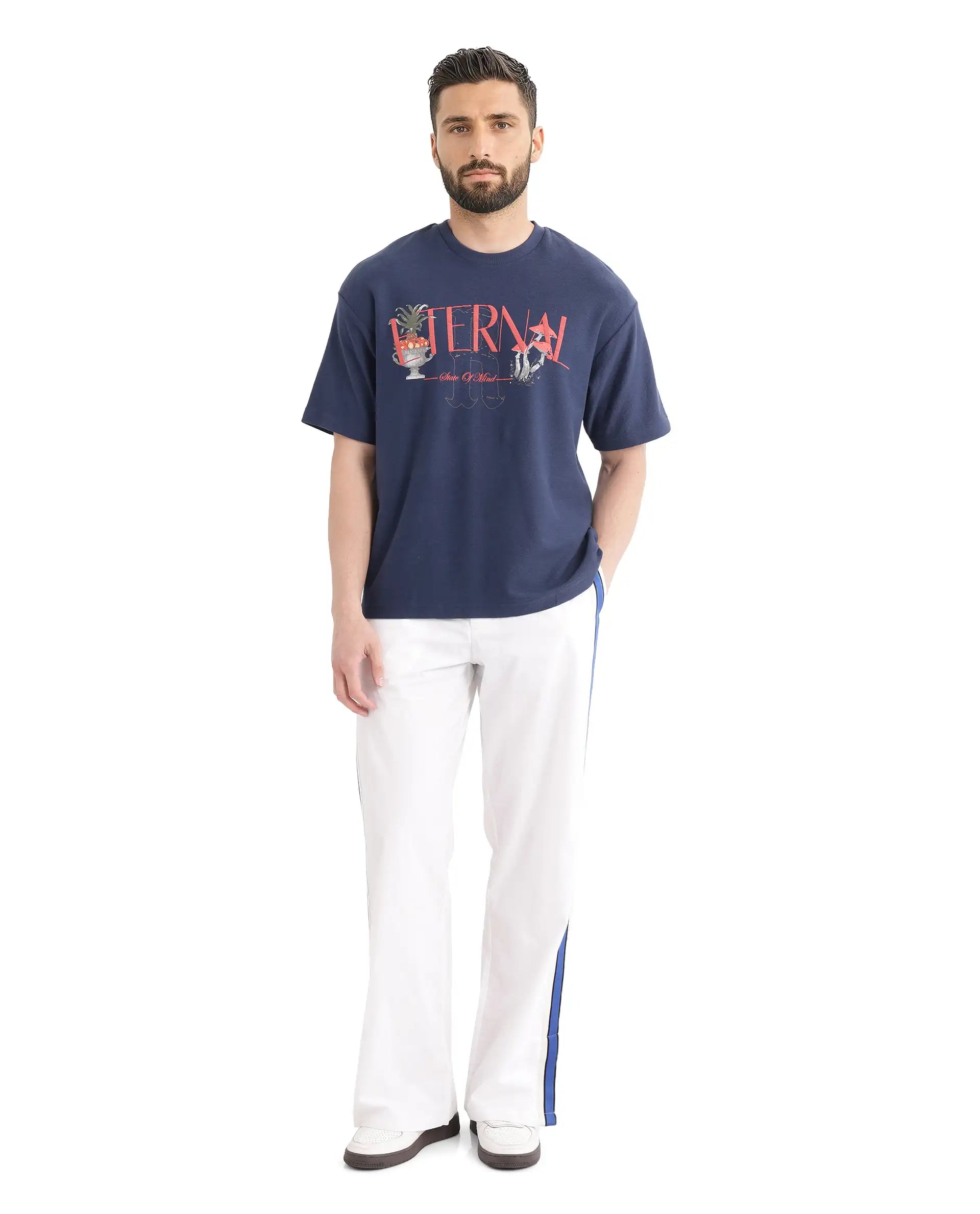 Rare Rabbit Men Graw Navy Cotton Fabric Short Sleeve Crew Neck Oversized Fit HD Graphic Print T-Shirt