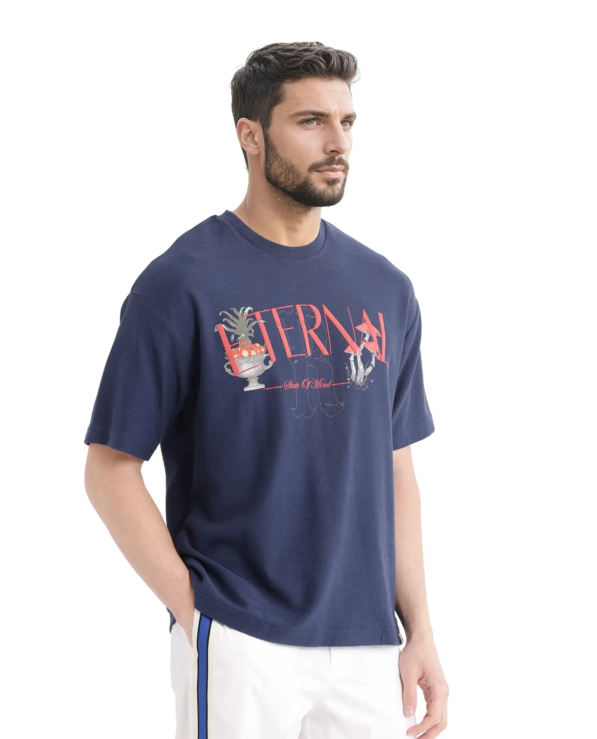 Rare Rabbit Men Graw Navy Cotton Fabric Short Sleeve Crew Neck Oversized Fit HD Graphic Print T-Shirt