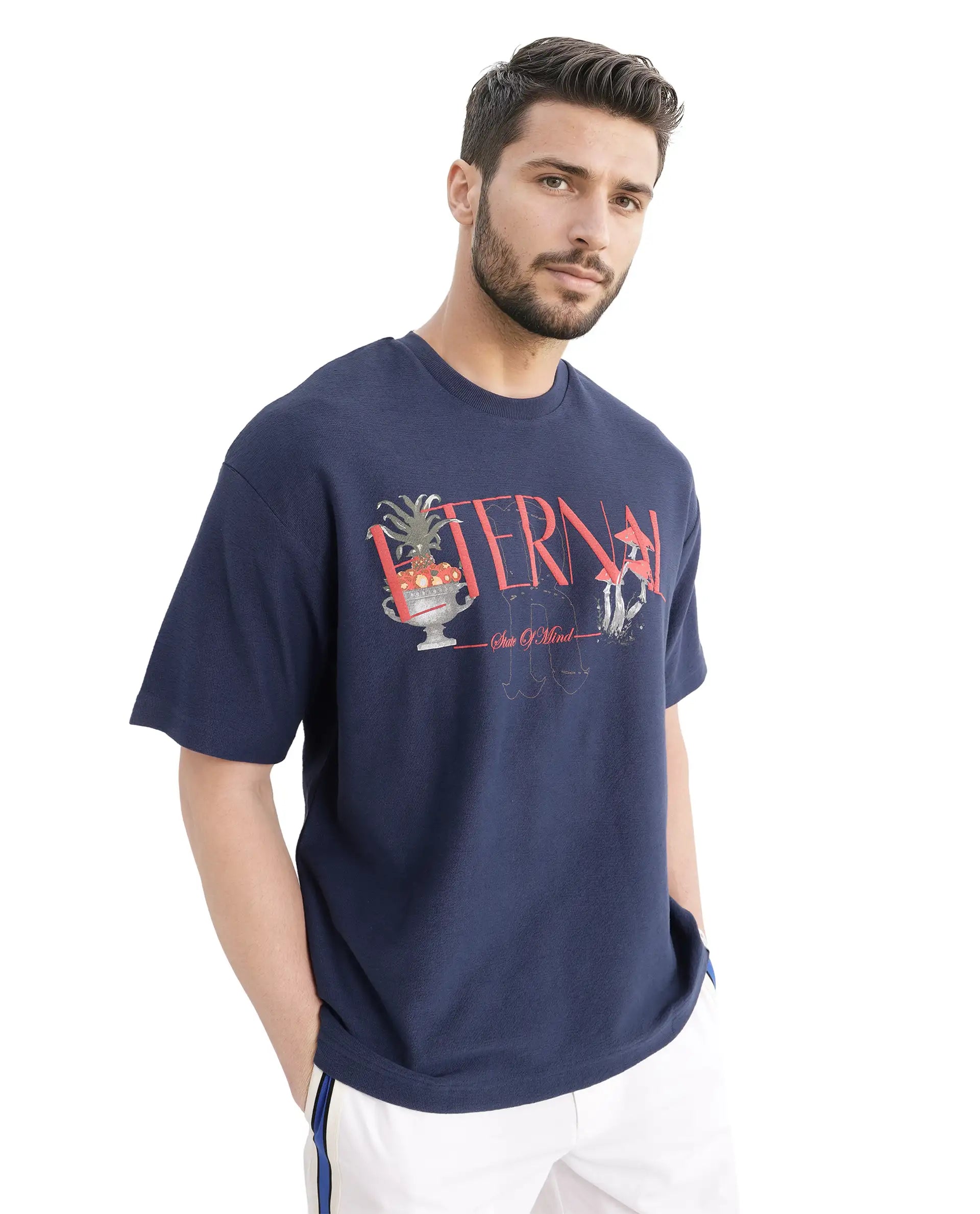 Rare Rabbit Men Graw Navy Cotton Fabric Short Sleeve Crew Neck Oversized Fit HD Graphic Print T-Shirt