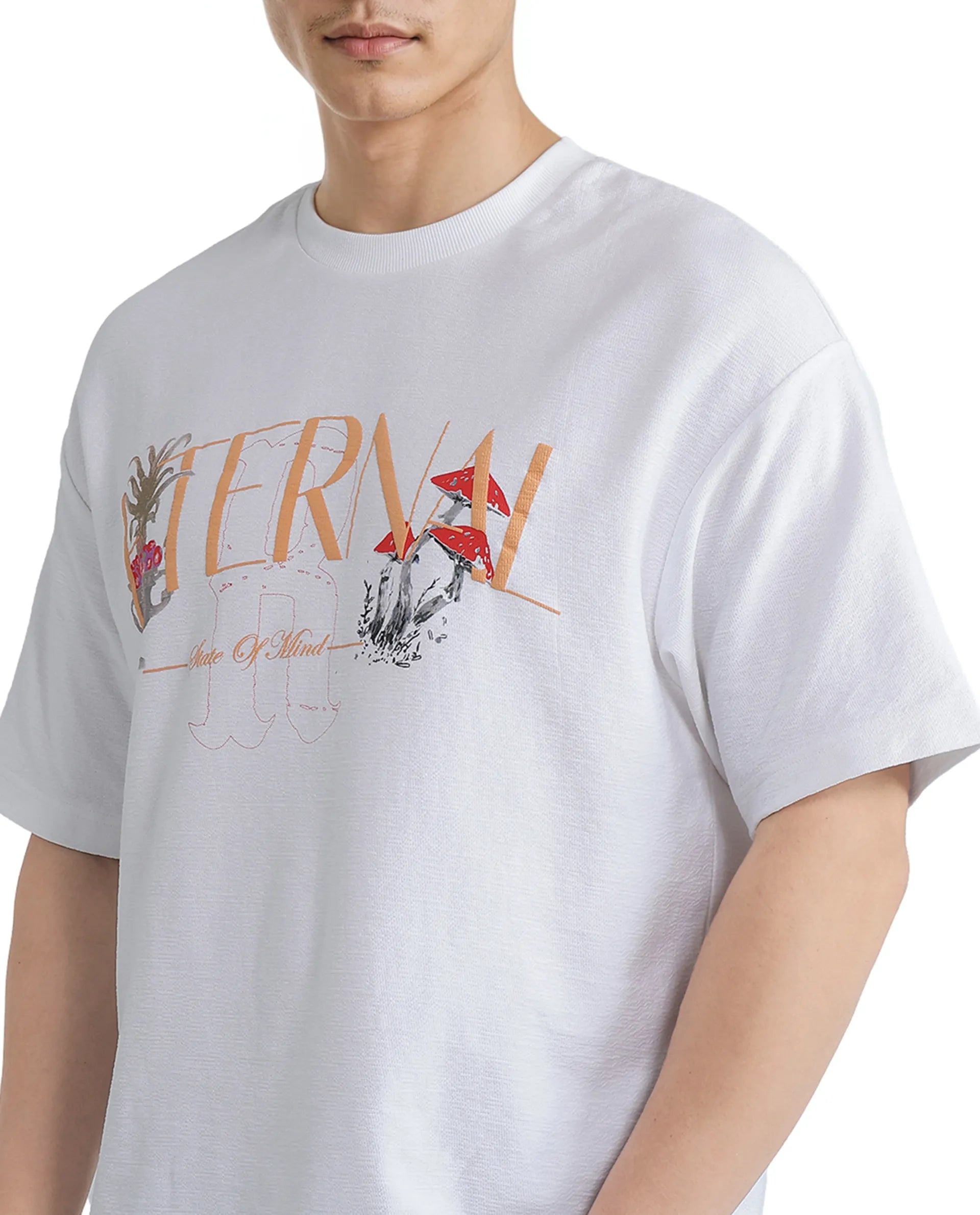 Rare Rabbit Men Graw White Cotton Fabric Short Sleeve Crew Neck Oversized Fit HD Graphic Print T-Shirt