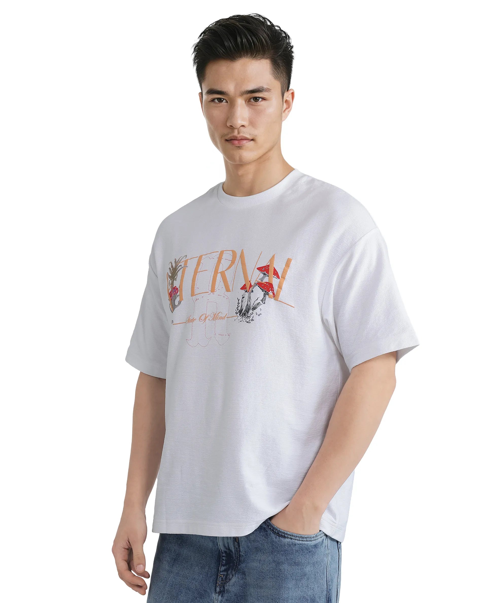 Rare Rabbit Men Graw White Cotton Fabric Short Sleeve Crew Neck Oversized Fit HD Graphic Print T-Shirt
