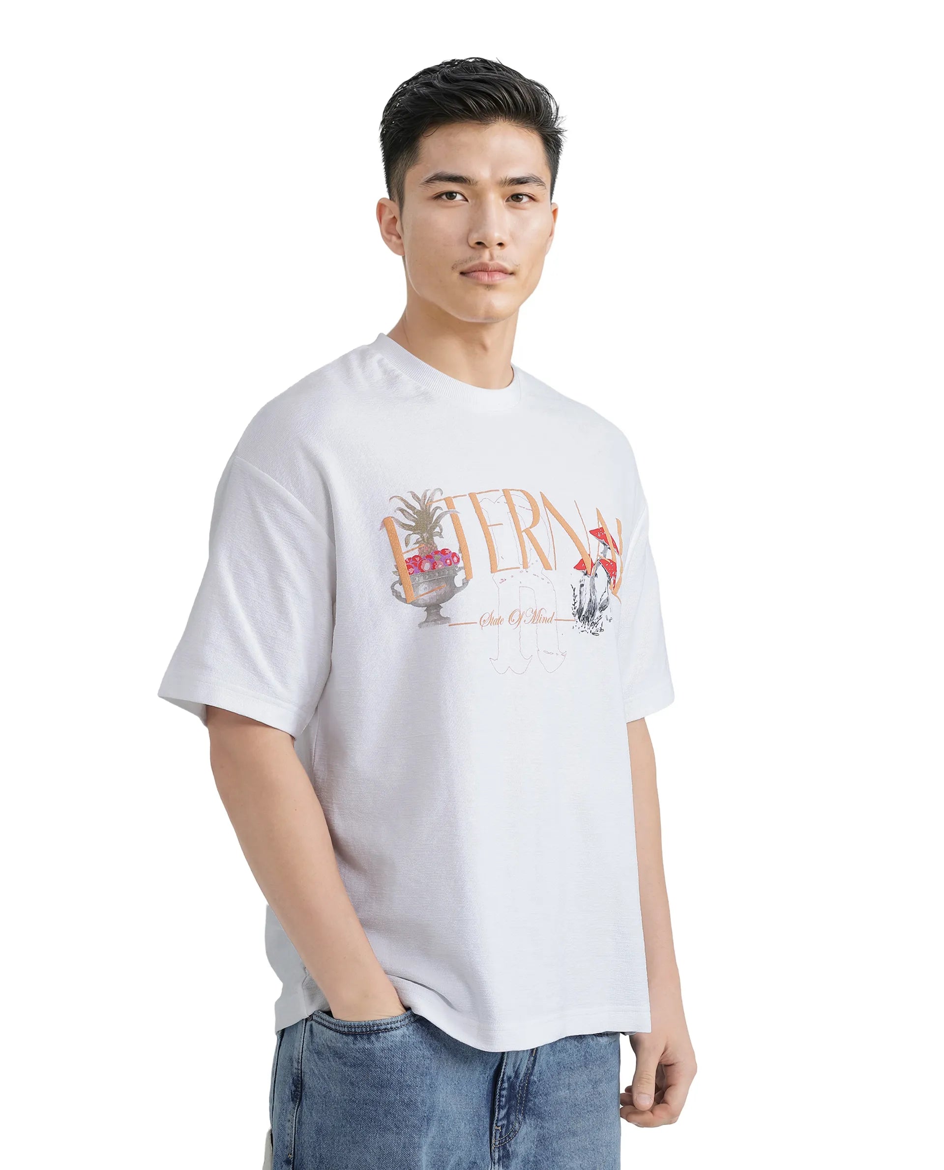 Rare Rabbit Men Graw White Cotton Fabric Short Sleeve Crew Neck Oversized Fit HD Graphic Print T-Shirt