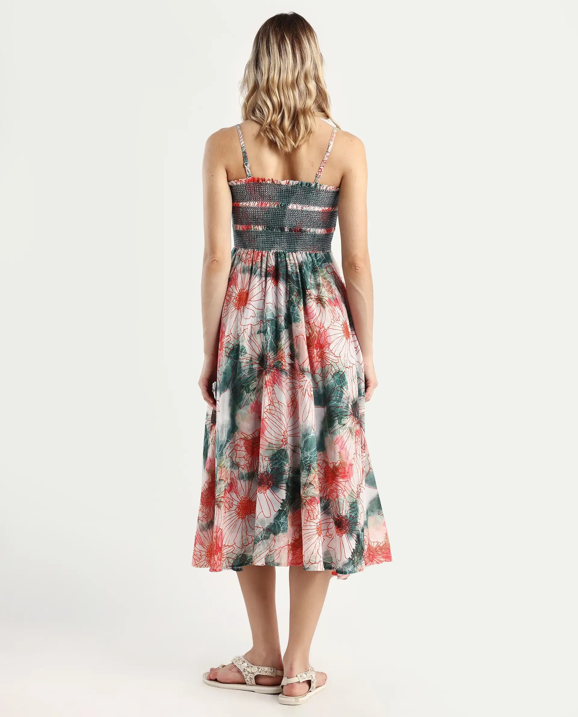 Rareism Women's Greevs Multi Cotton Shoulder Strap Floral Print Sleeveless Midi Fit And Flare Dress