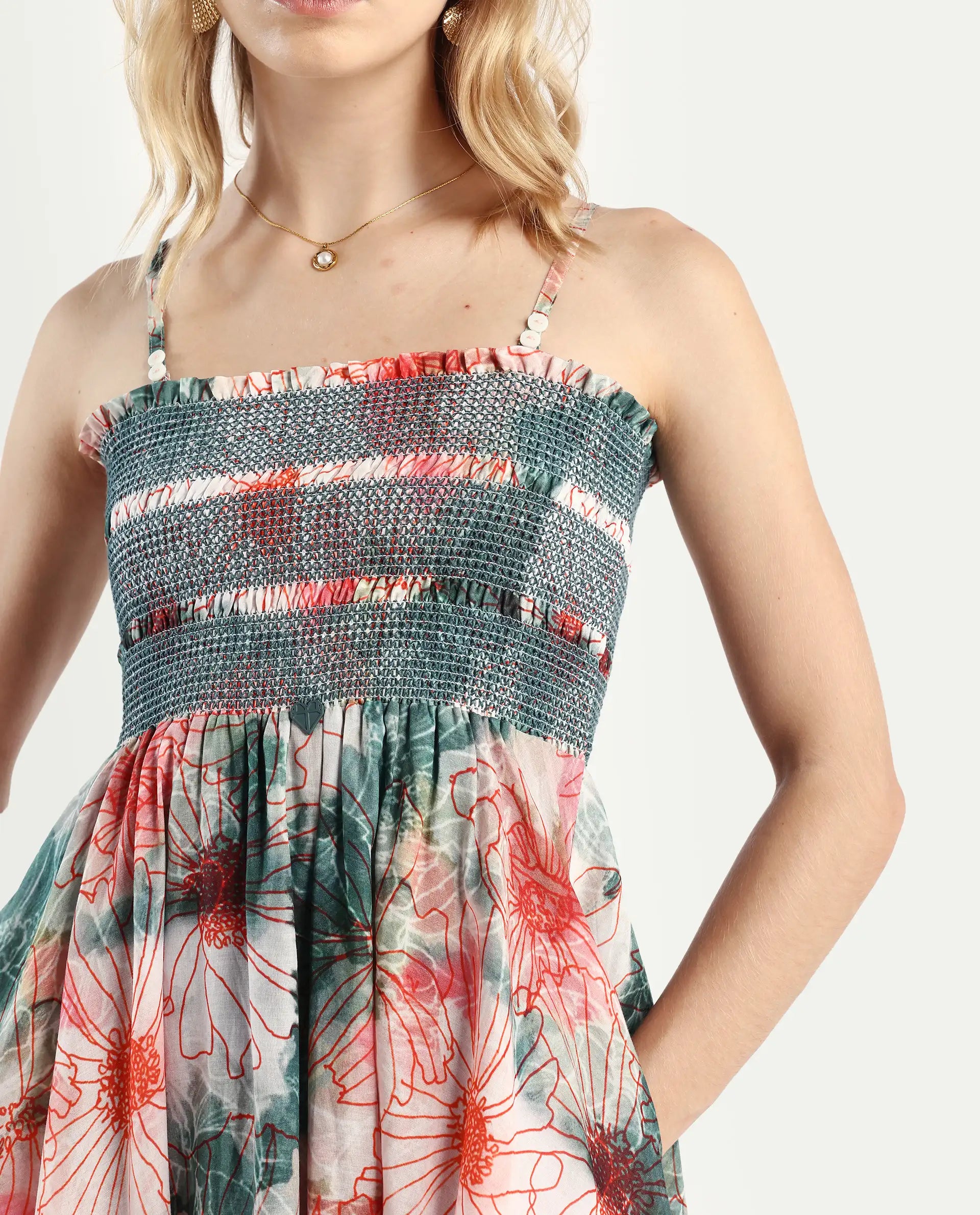 Rareism Women's Greevs Multi Cotton Shoulder Strap Floral Print Sleeveless Midi Fit And Flare Dress