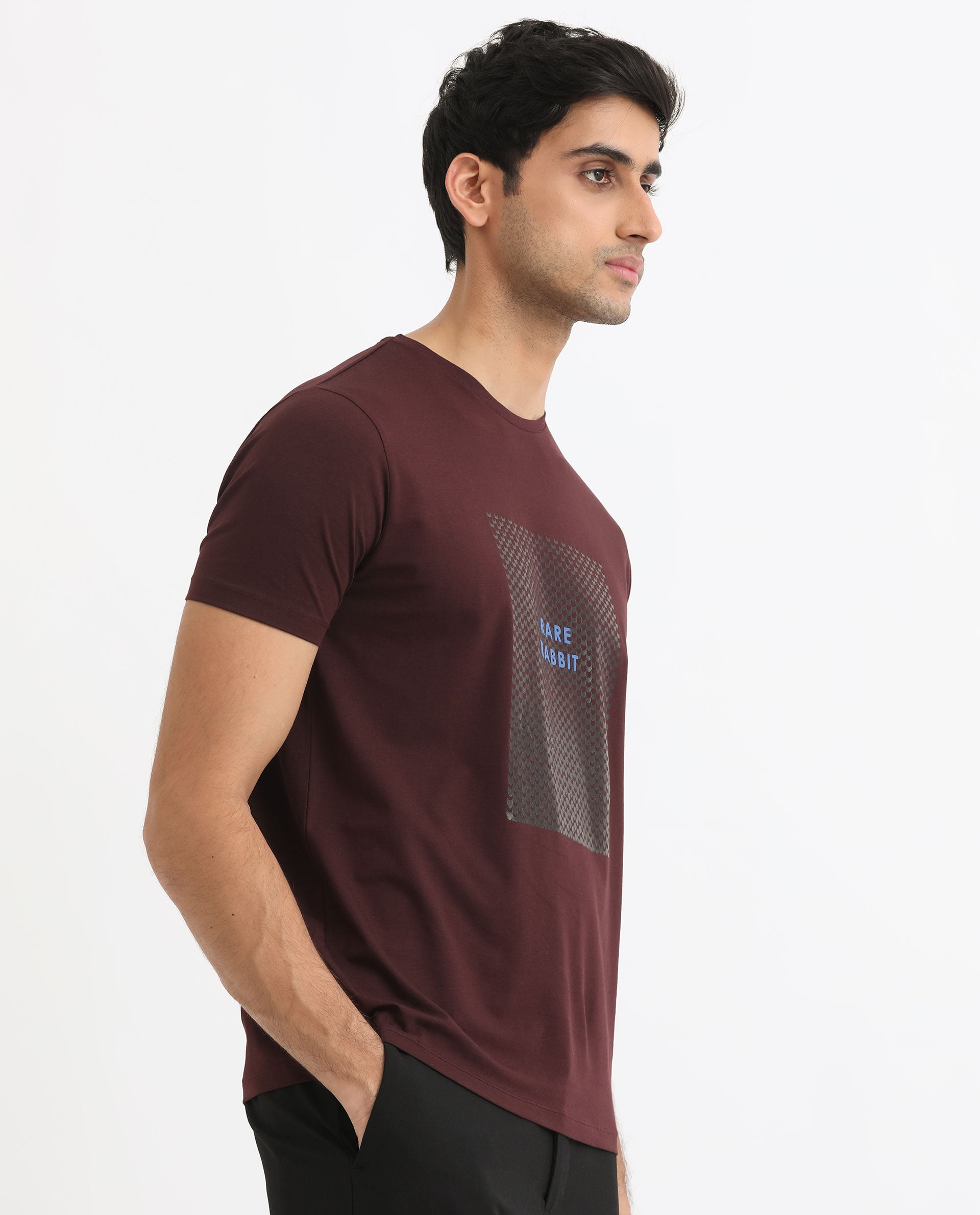 Rare Rabbit Men's Gregory Maroon Crew Neck Half Sleeves Graphic Print Branding T-Shirt
