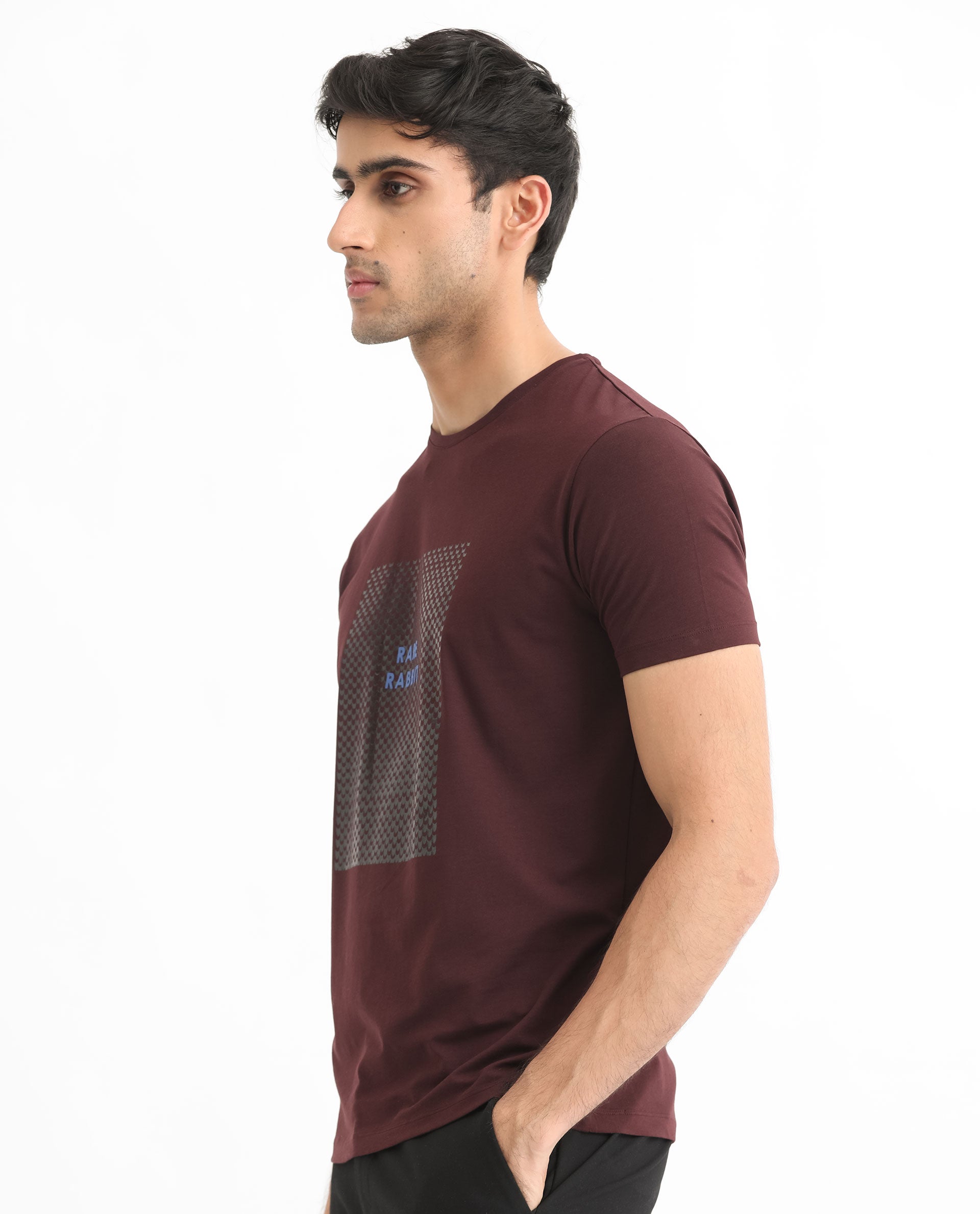 Rare Rabbit Men's Gregory Maroon Crew Neck Half Sleeves Graphic Print Branding T-Shirt