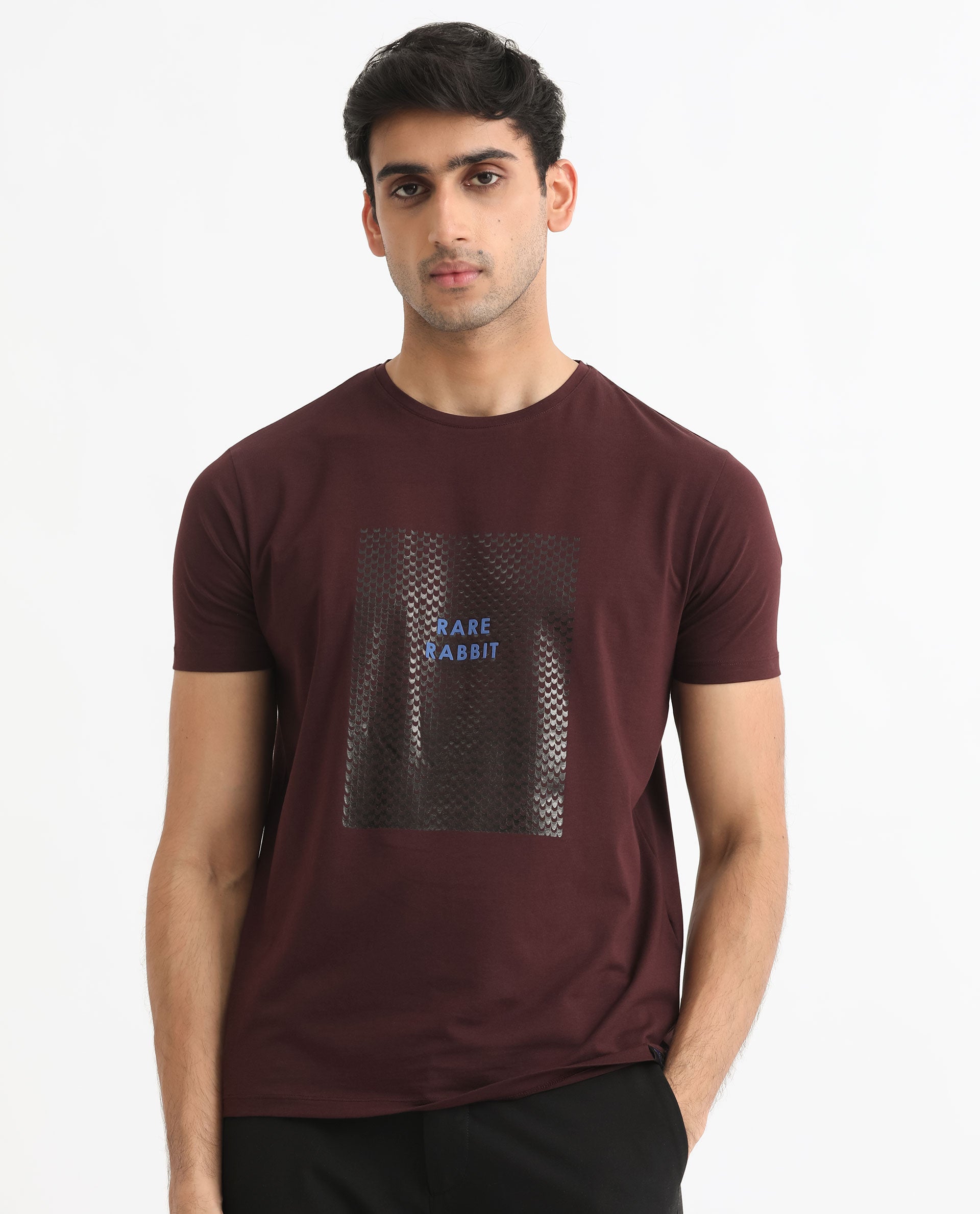 Rare Rabbit Men's Gregory Maroon Crew Neck Half Sleeves Graphic Print Branding T-Shirt