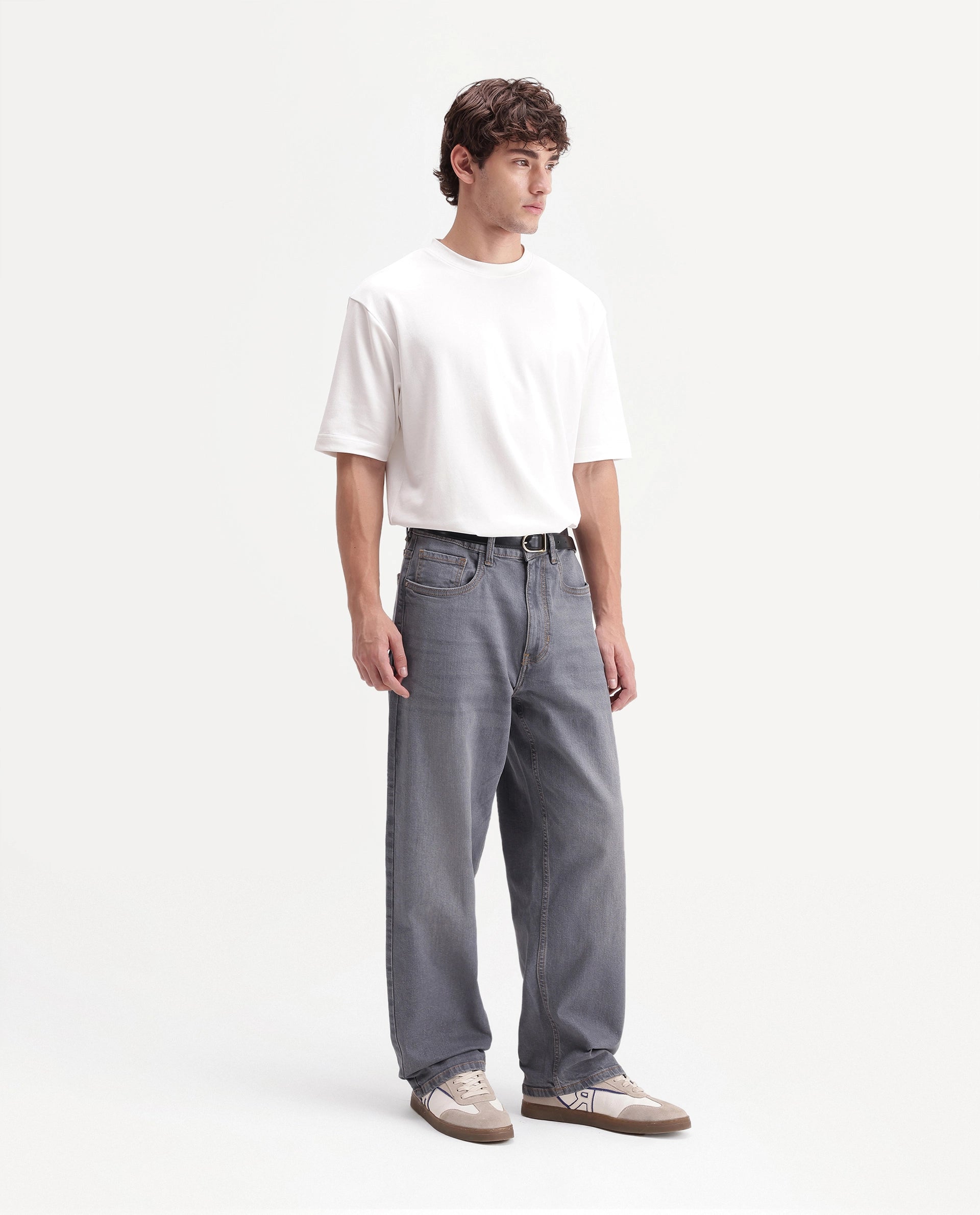 Rare Rabbit Men's Grem 1 Light Grey Cotton Blend Relaxed Plain Jeans