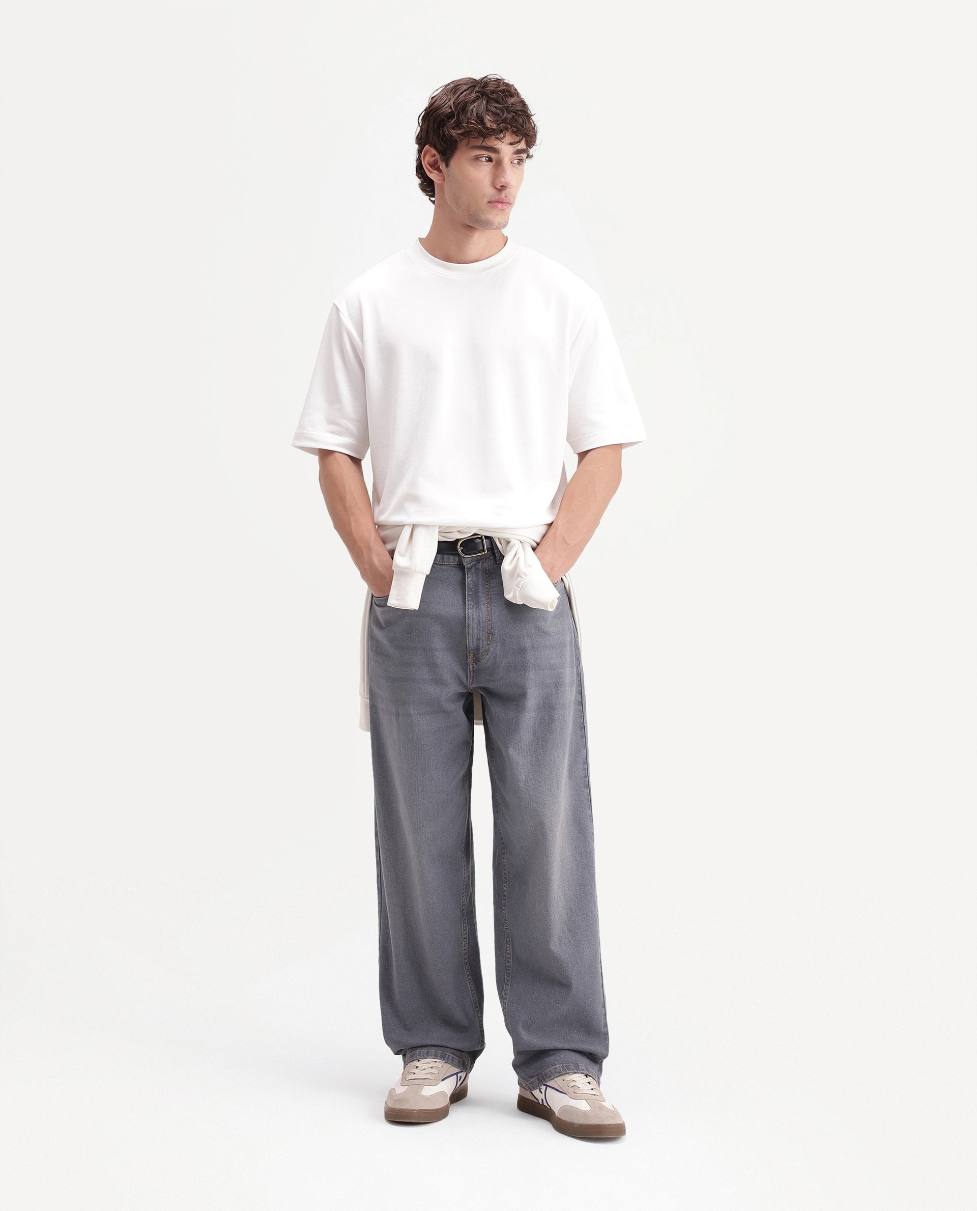 Rare Rabbit Men's Grem 1 Light Grey Cotton Blend Relaxed Plain Jeans