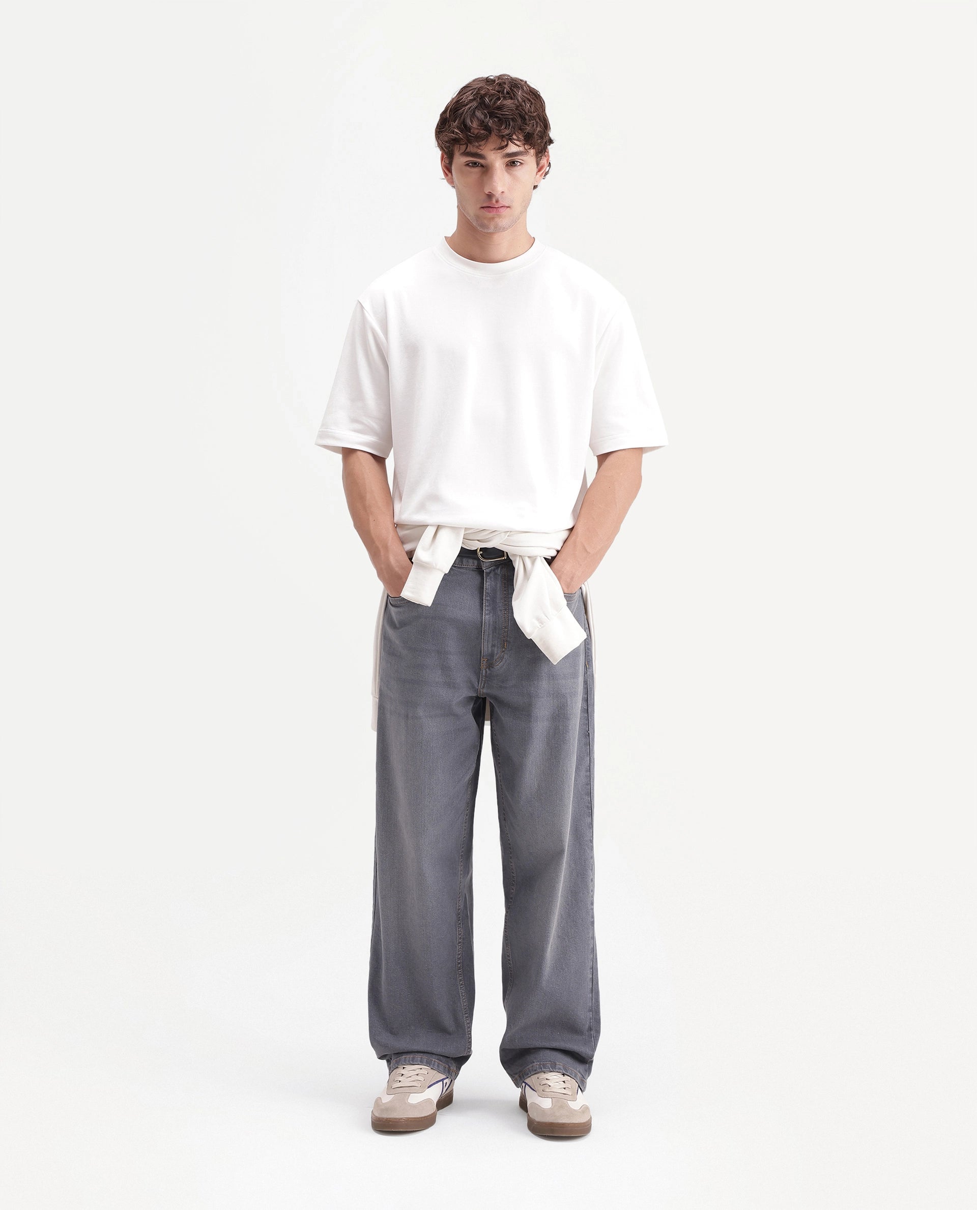 Rare Rabbit Men's Grem 1 Light Grey Cotton Blend Relaxed Plain Jeans
